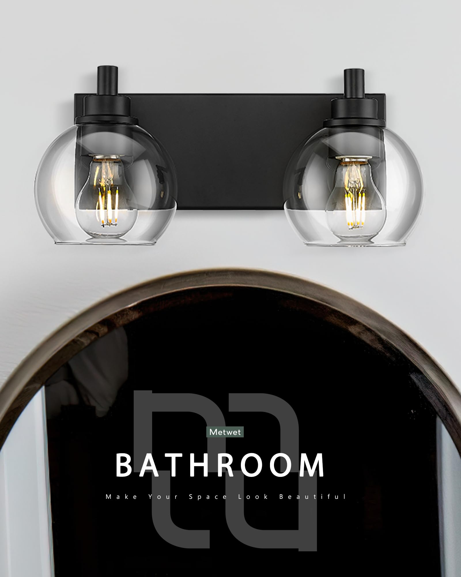 Metwet Bathroom Light Fixtures, 2 Light Matte Black Vanity Light, Modern Wall Sconces With Clear Glass Globe Shade, Bathroom Wal