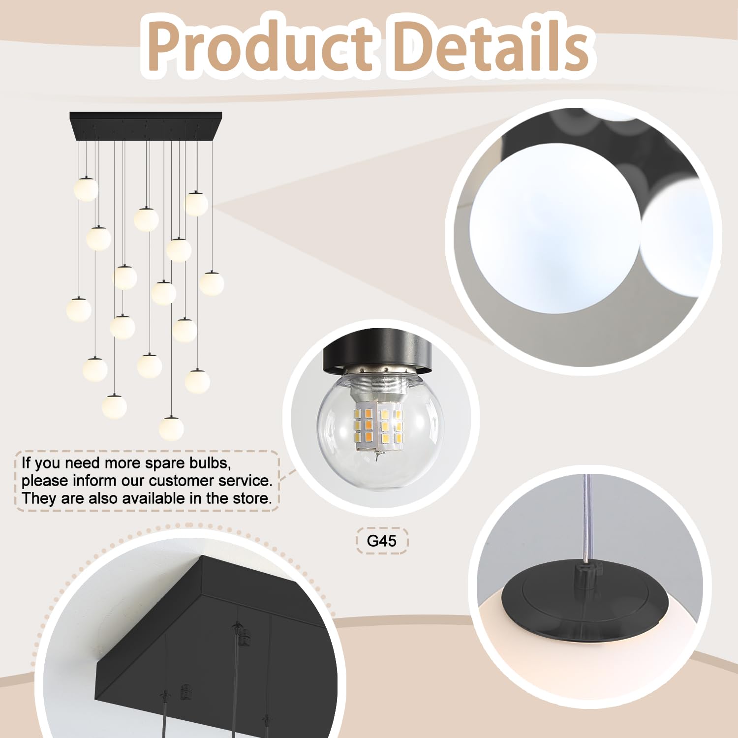 ykolupty 16-Light Black Chandelier, Dimmable White Globe Glass Pendant Light for Kitchen & Dining, Model TP3016-RB-16H-CT