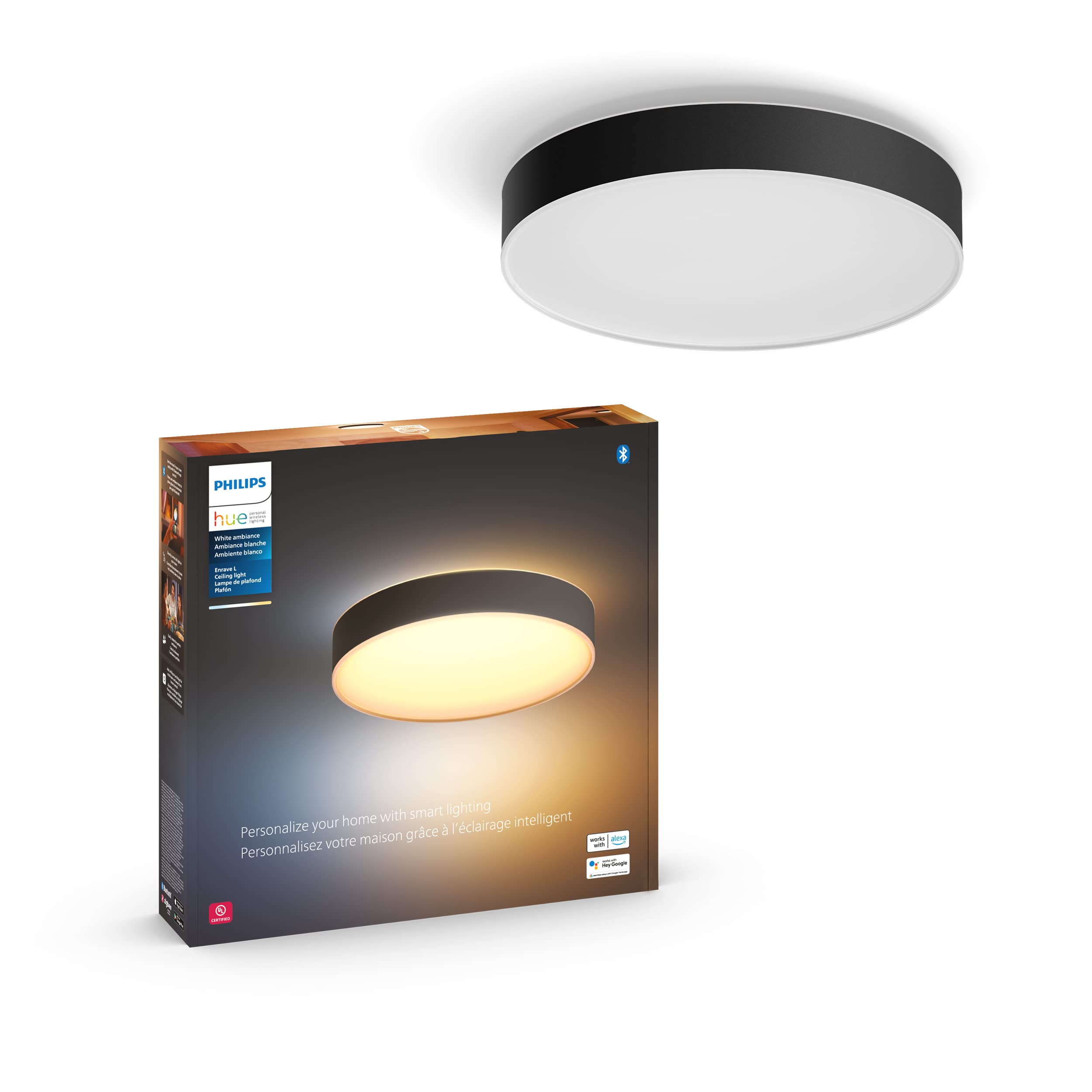 Philips Hue Enrave Large Ceiling Lamp, Black - White Ambiance Warm-To-Cool White Smart Led Light - 1 Pack - Control With Hue App