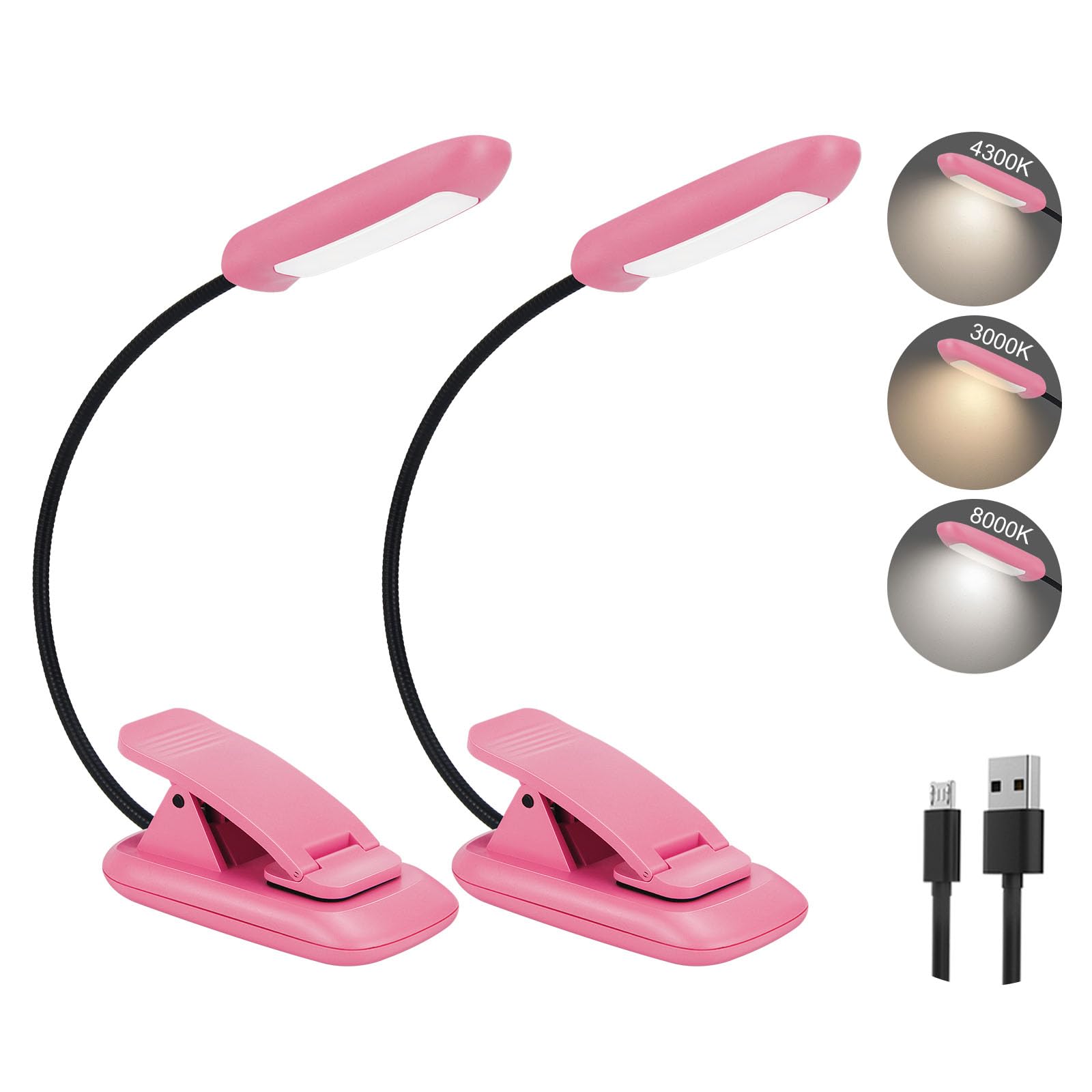 BIGMONAT Rechargeable Book Light, Adjustable Brightness, Portable, 2Pack, Pink, Model B94YW-2, Eye Care LEDs for Kids & Travel