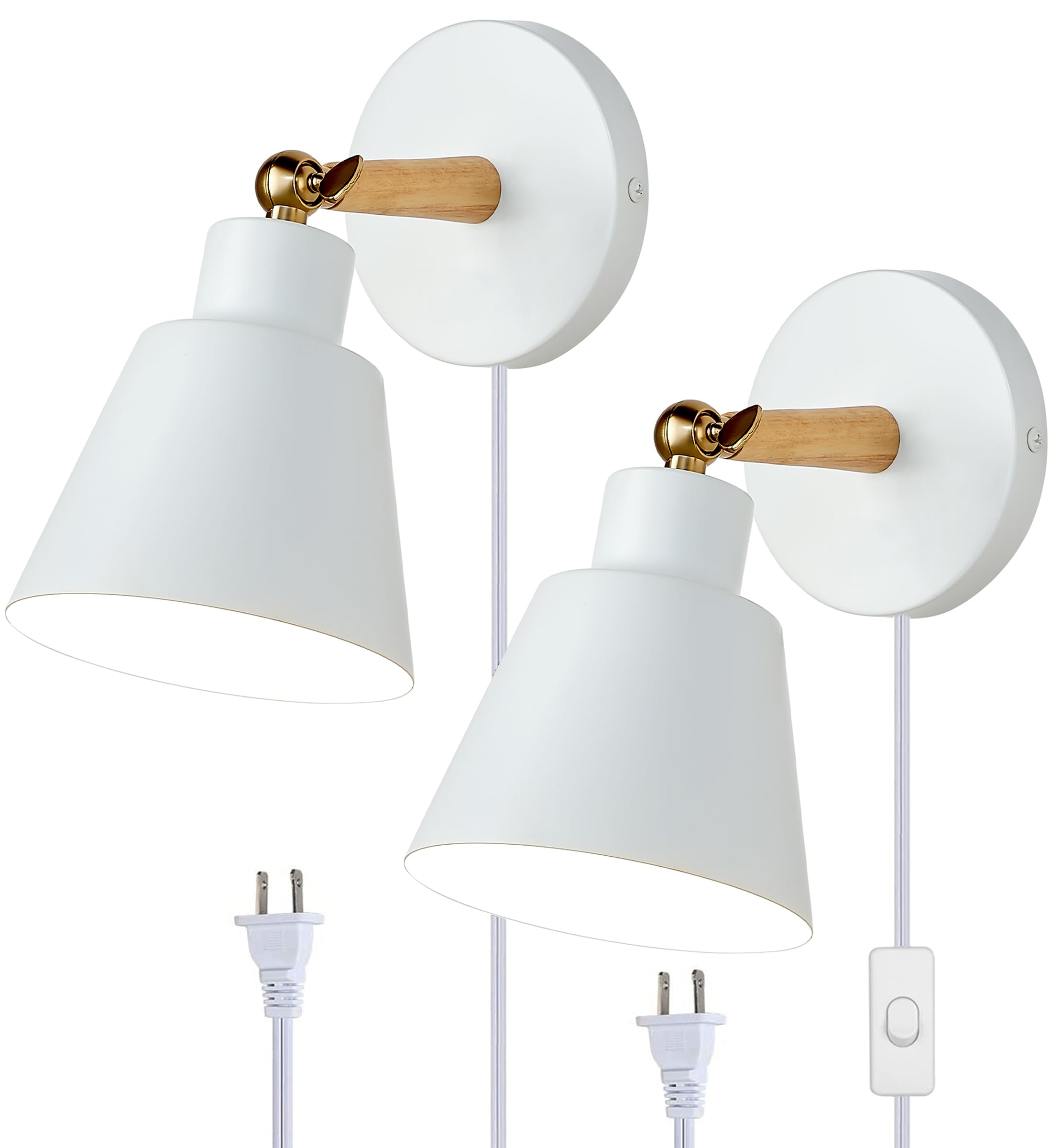 Clankin Wall Sconces Lighting Set Of 2, White Bedside Lamps With 1.8M Plug-In Cord