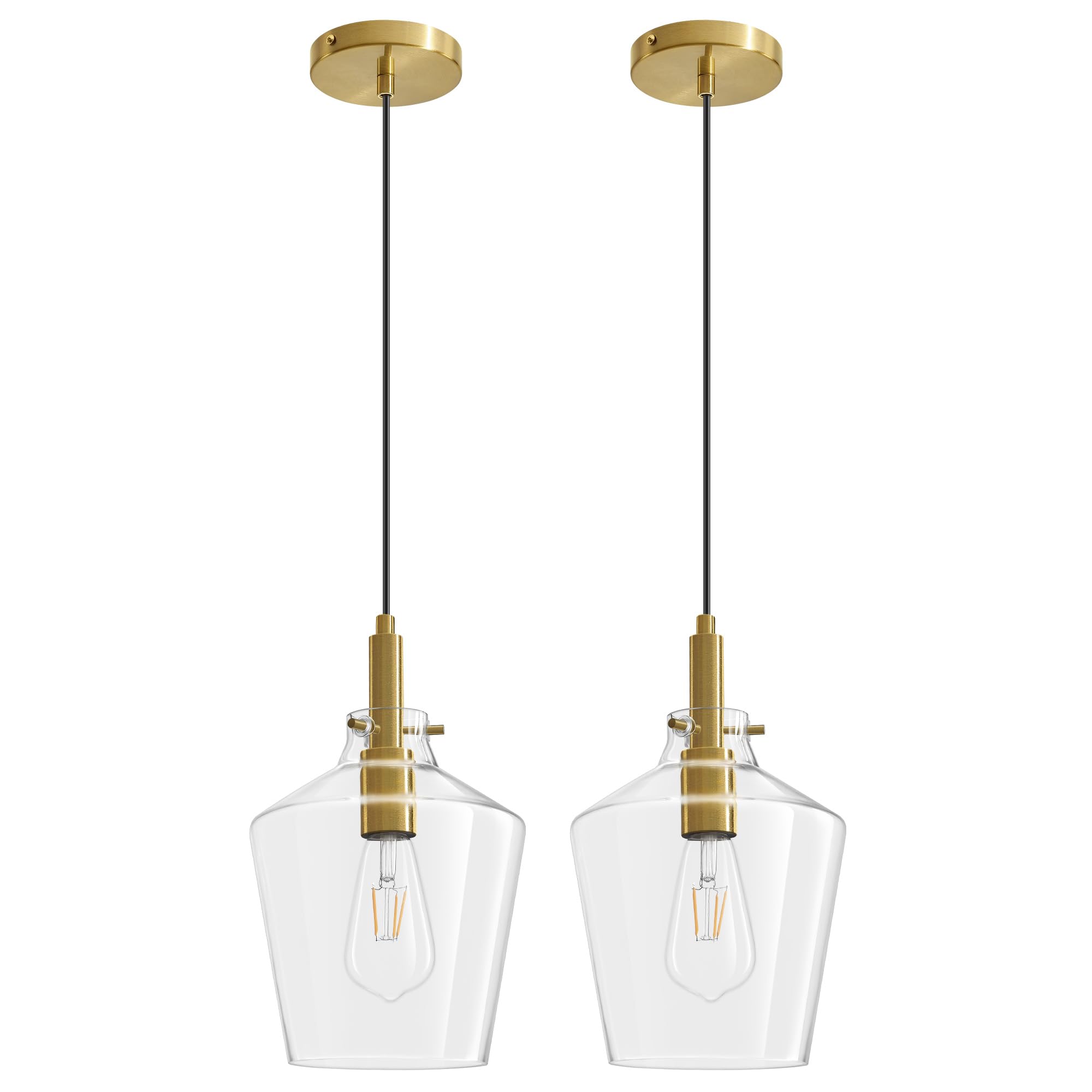 Vaziden Modern Glass Pendant Lighting For Kitchen Island 2 Pack  Farmhouse Gold Pendant Light Fixtures  Adjustable Hanging Ceiling Light  Angled Clear Glass Shades 8 Inch