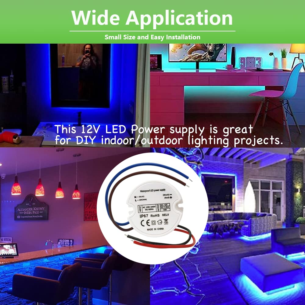 Makergroup 12V LED Power Supply Driver, IP67 Waterproof, 15W, Engineering Plastic, White/Blue, Model MK-PS, 1-Pack