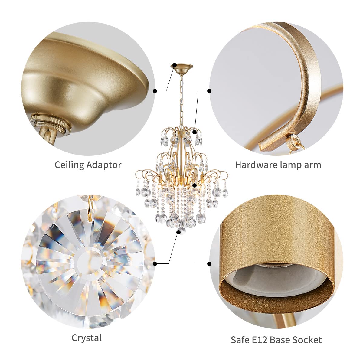 Wuzups 5-Light Crystal Chandelier Pendant Light, Modern Gold Fixture For Bedroom & Kitchen