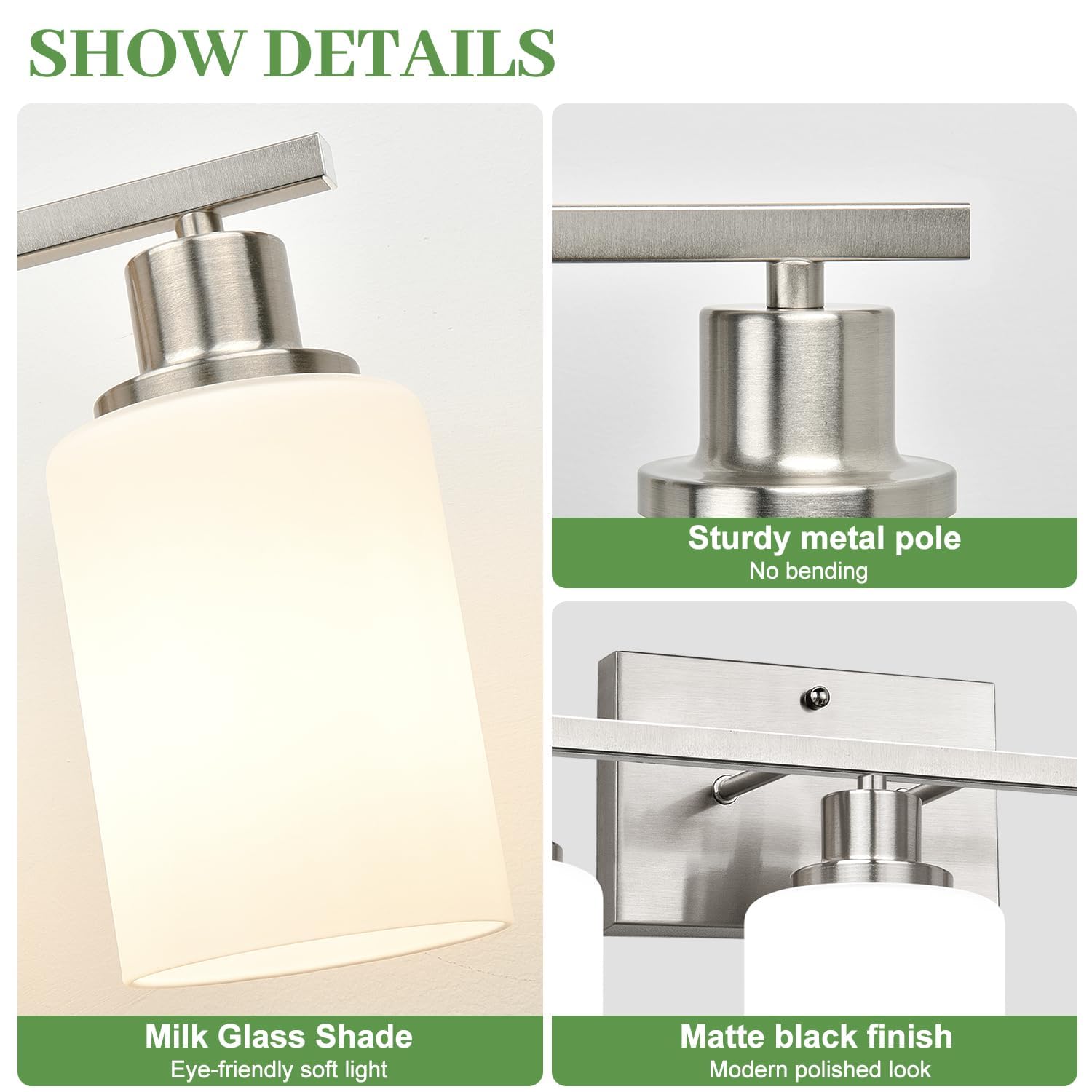 3-Light Bathroom Light Fixtures  Brushed Nickel Vanity Light With Milky White Shades  Bathroom Lighting Fixtures Over Mirror  Modern Bathroom Wall Lamp For Mirror Living Room Cabinet Bedroom