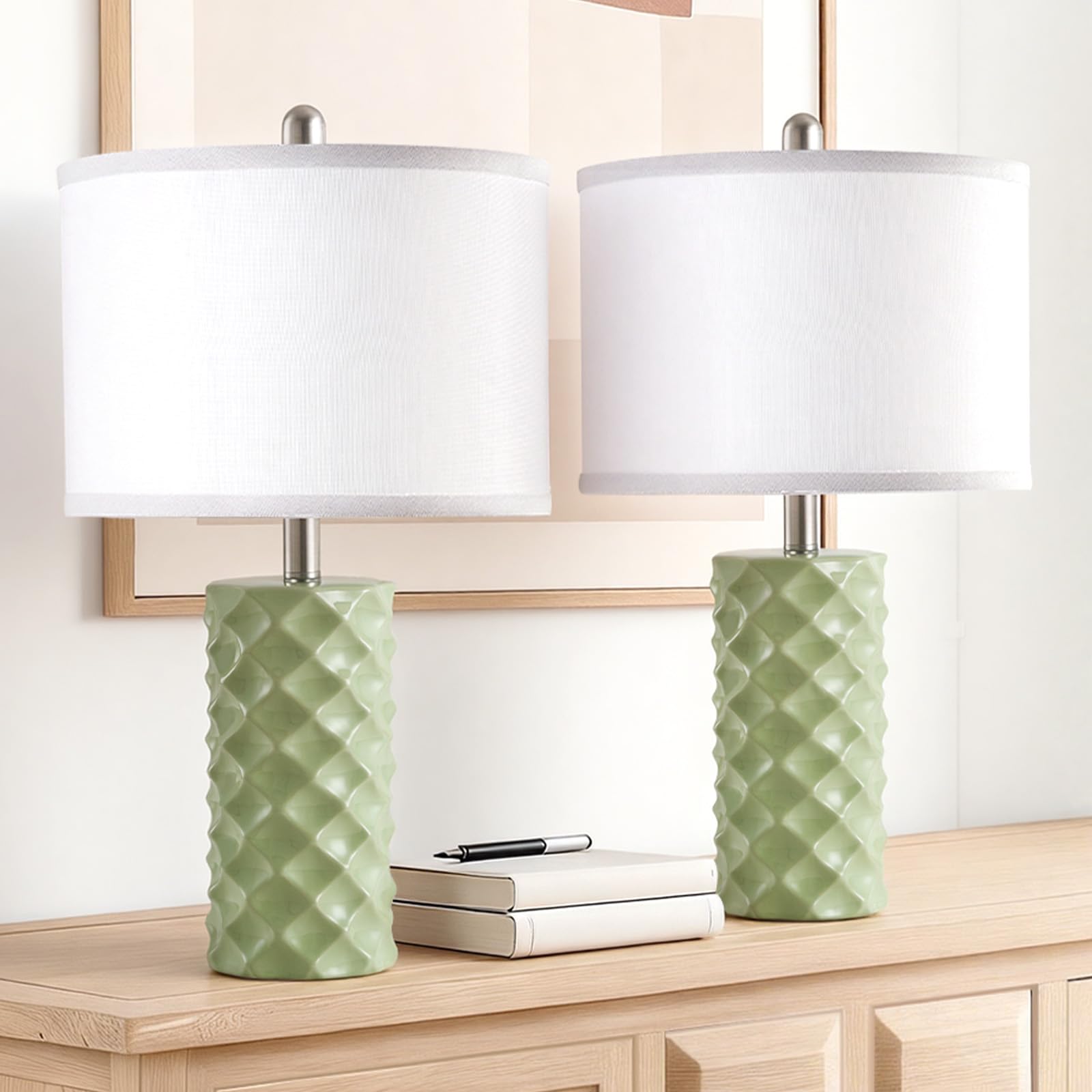 BLHDZJR Gentle Beige & Star Diamond Ceramic Table Lamps (Set of 2) - 23 Luxe Modern Bedside Lamps for Nightstand bedrooms  Living Rooms  or entryways & Rotary Switch No Bulbs