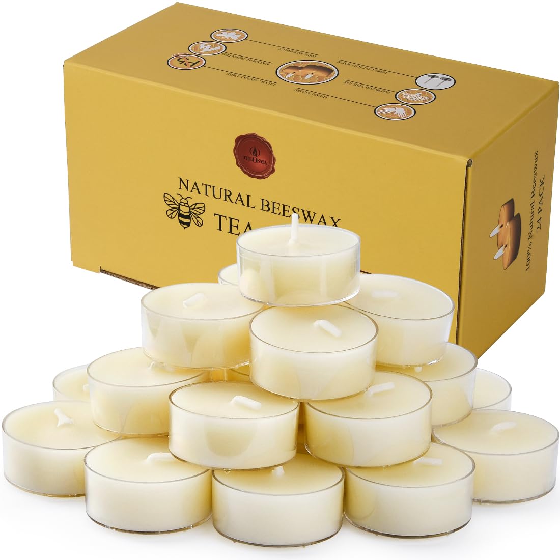 Natural Beeswax Tealight Candles - 24 Pcs - Organic Small Candle Natural Scent Smokeless Clean Burning-White