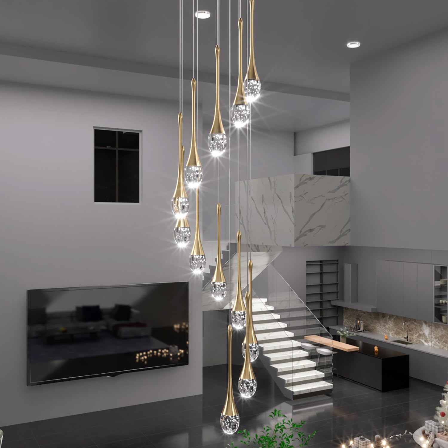 Ykolupty 12-Lights Staircase Chandelier 120In Gold Chandelier For Sloped High Ceiling Raindrop Pendant Chandelier For Living Room Foyer Hallway Villa