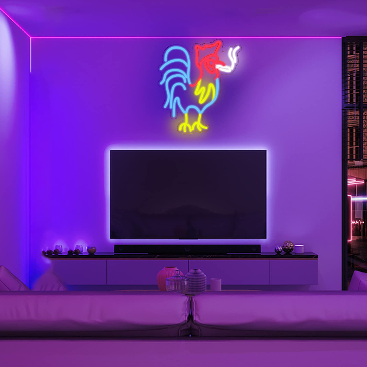 Ineonlife Neon Rooster Sign - Red Blue Led Wall Decor, Acrylic, Model Ns156, Colorful-B-Rooster, Unique Birthday Party Gift