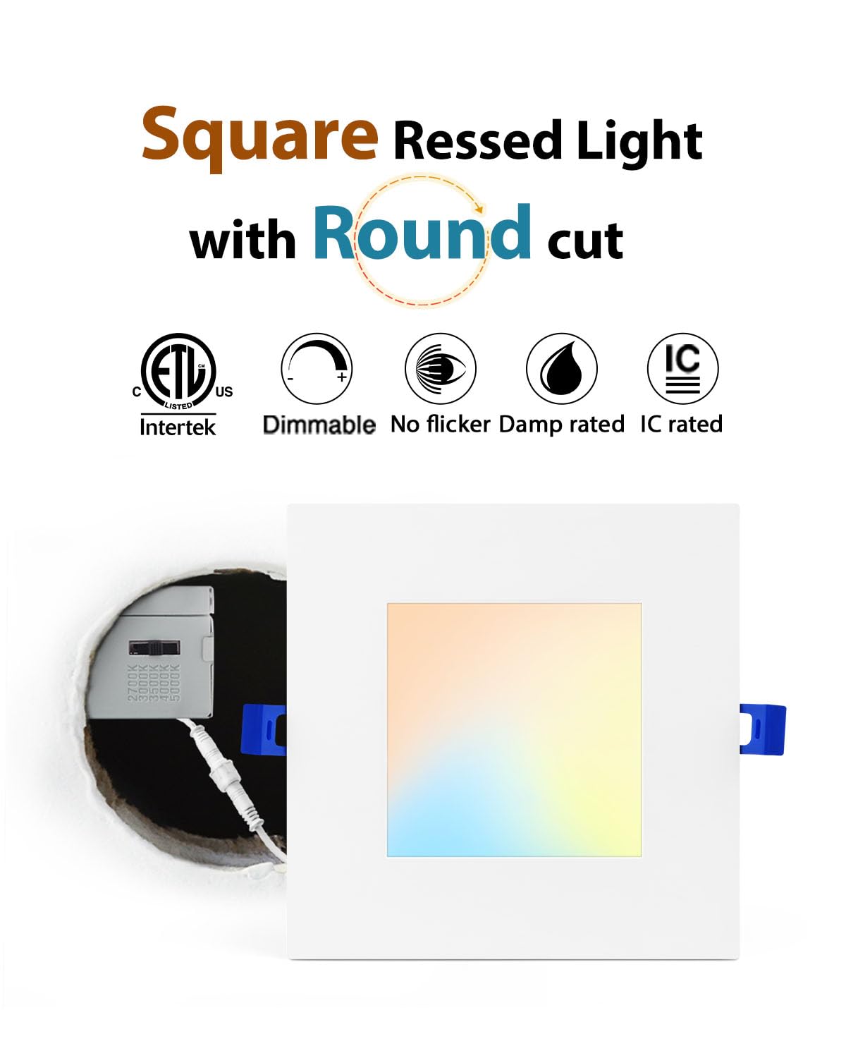 Adetu 6 Inch Square LED Recessed Lighting, Dimmable 5CCT, 14W, ETL Certified, White - 1 Pack