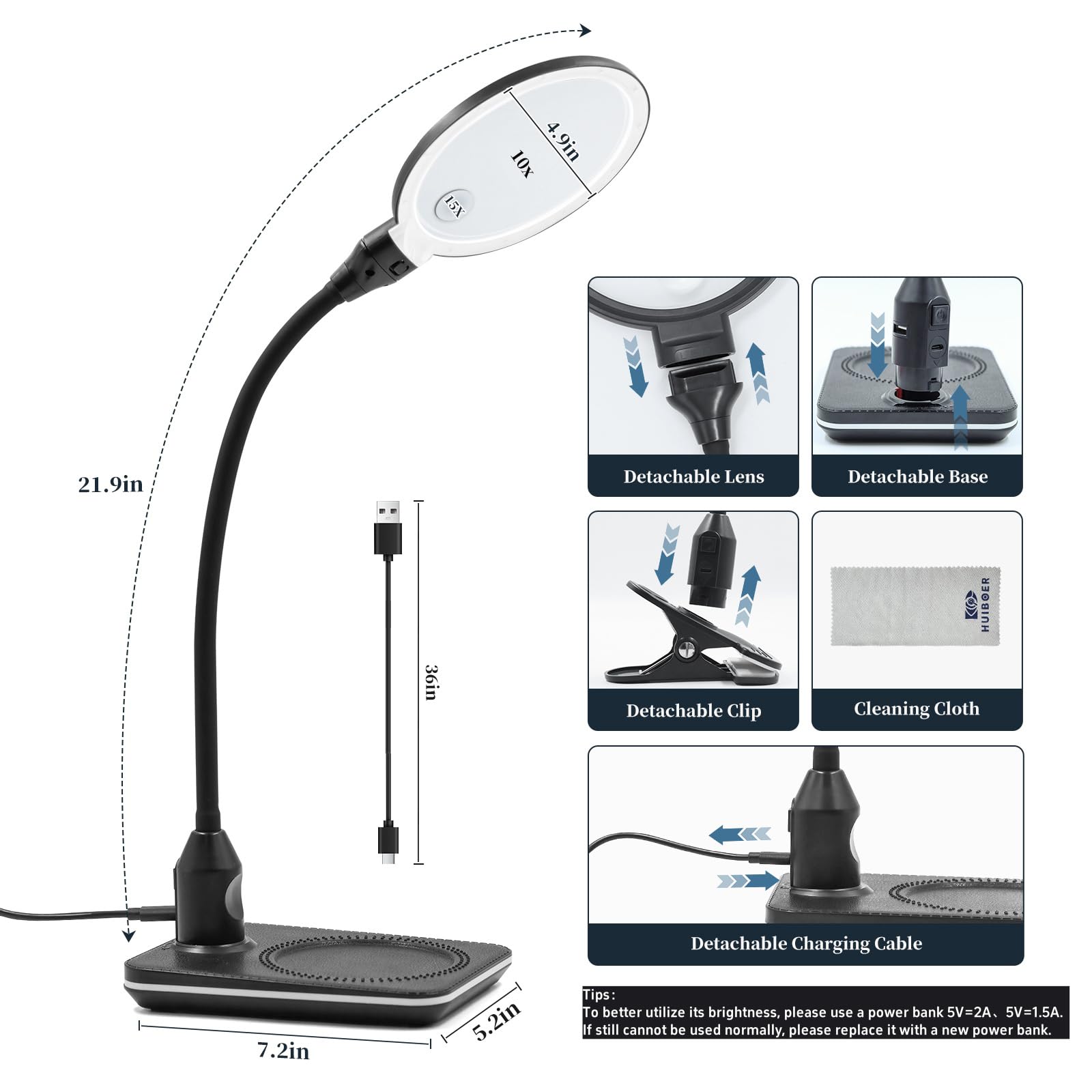 15X Magnifying Glass With Light And Stand, 4.9 Inch 2-In-1 Magnifying Lamp With Clamp, 3 Color Modes Dimmable, Flexible Goosenec