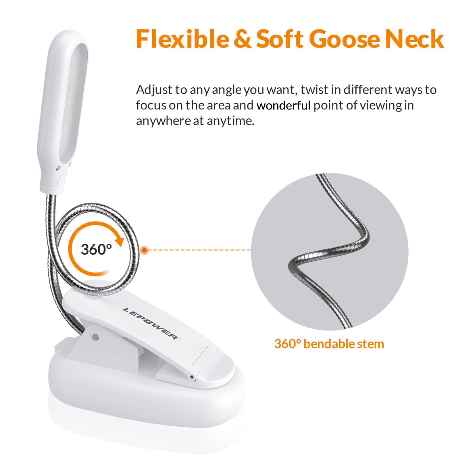 Lepower Clip-On Book Light With 5 Led Eye Care, 3 Color Changeable, Portable Reading Lamp, Battery Operated, Bed Light For Kids,