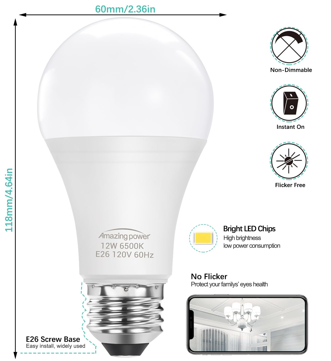 Amazing Power 100W Equivalent E26 Led Bulbs, Daylight White Non-Dimmable Medium Screw Base Light Bulbs 6500K, 4-Pack