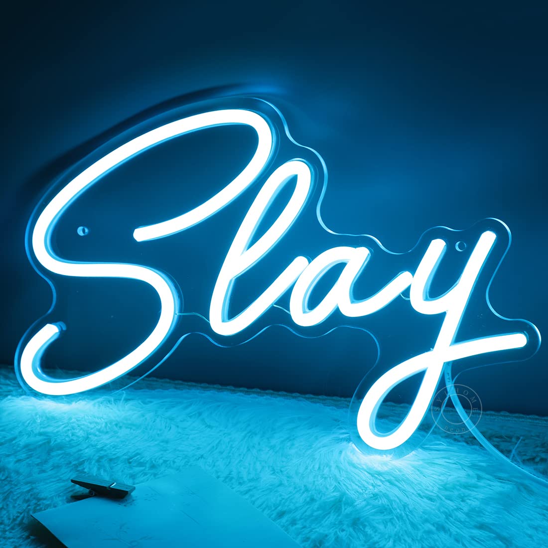 SYLHOME LED Neon Light Sign for Bedroom, Game Room, USB Night Light, 11.8in x 8in, Blue Slay, Acrylic and Plastic Material