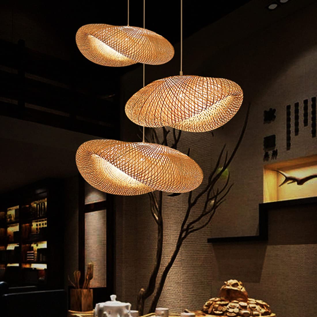 Farmhouse Bamboo pendant light fixture for kitchen island, Dining room, Hand-Woven Conch Bamboo Hanging Lamp, Creative Rattan Ch