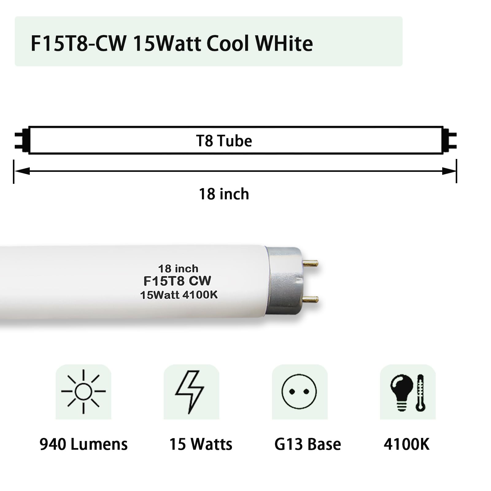 F15T8-Cw 15 Watt Cool White,18'' T8 Rv Fluorescent Linear Tube Lamp,Replacement Bulb For Philips Alto Eco Ge Staco Light Fixture