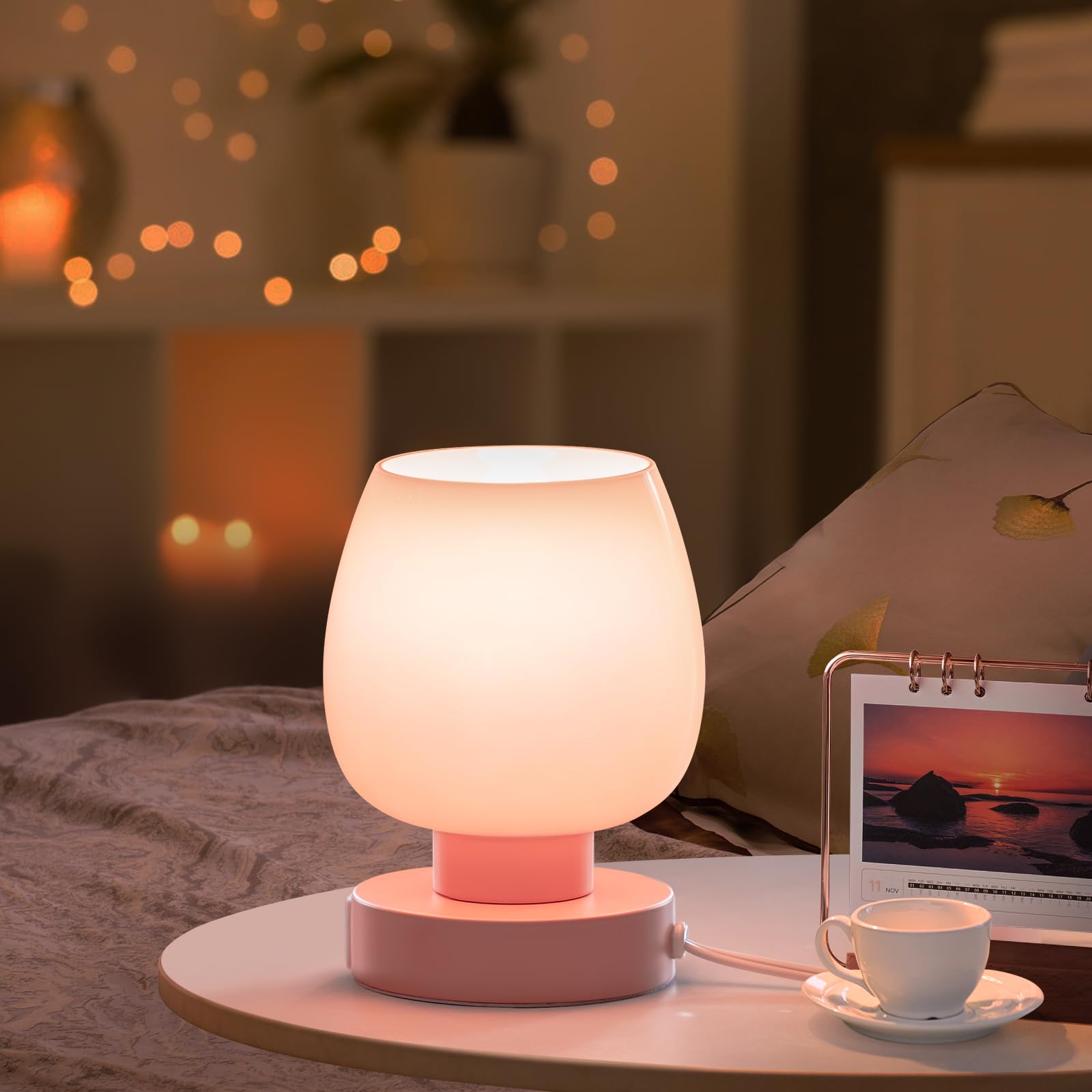 ONEWISH Touch Bedside Table Lamp - 3 Way Dimmable, Glass Shade, USB Charging, Pink, Model 13TAB052USC