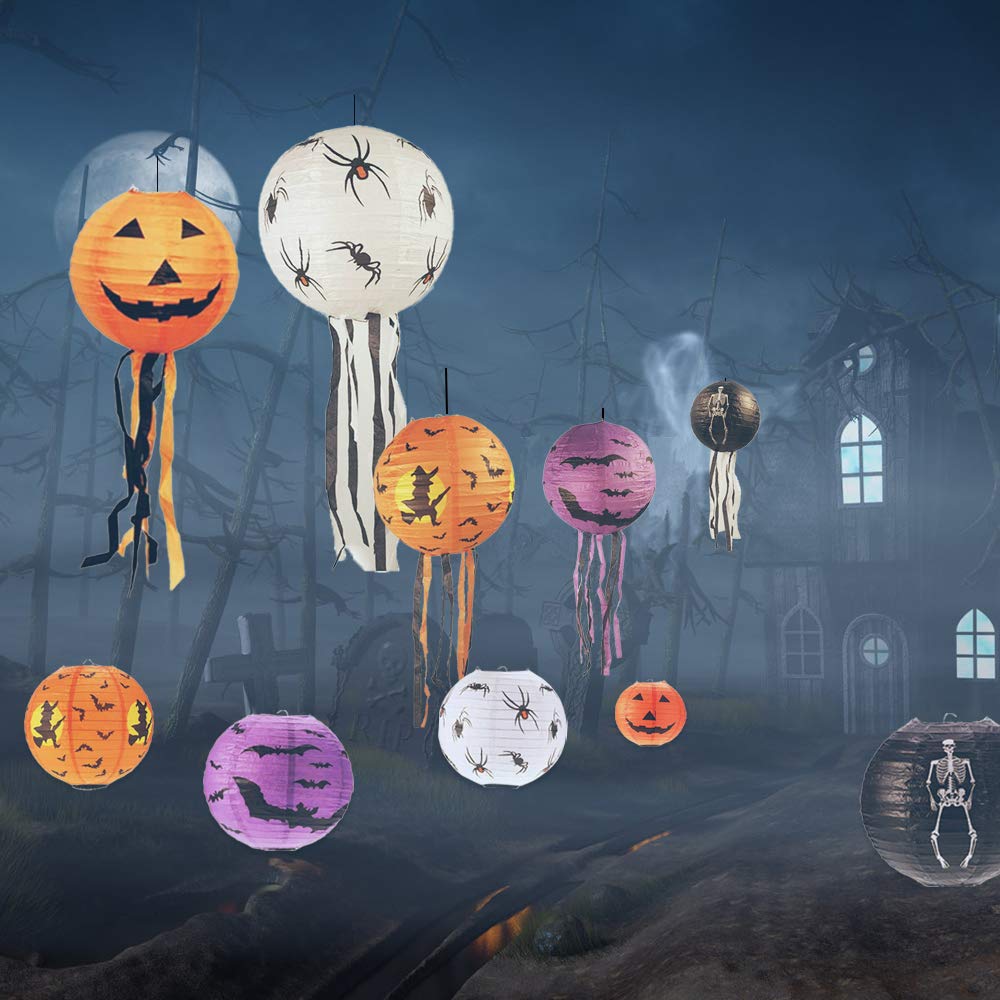 15 PCS Halloween Pumpkin Paper Lantern Jack-O-Lantern with Whiskers, Spider Bat Skeleton Pumpkin Lanterns for Halloween Party We