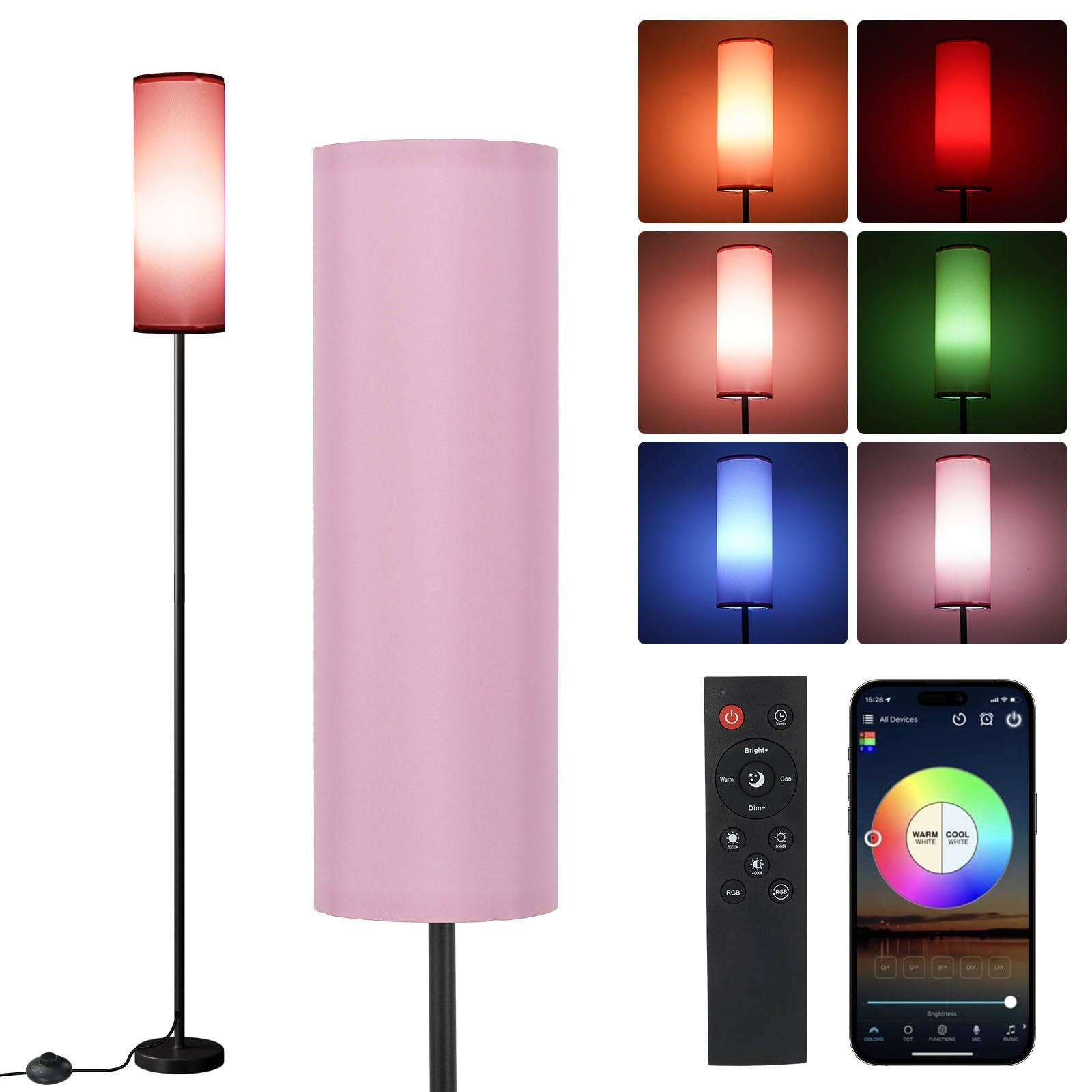 Frideko Pink Shade Floor Lamp with RGB Music Sync, 16 Million Colors & Stepless Dimming 2700K-6500K, 3CCT, 800LM LED Bulb with A
