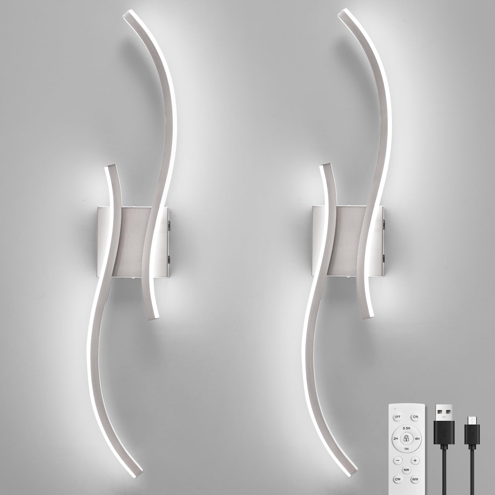 CANEOE Battery Operated Wall Sconces Set of 2, Rechargeable LED Light, 31.5in, Brushed Nickel, Model WL-SBLNK-DC-2P
