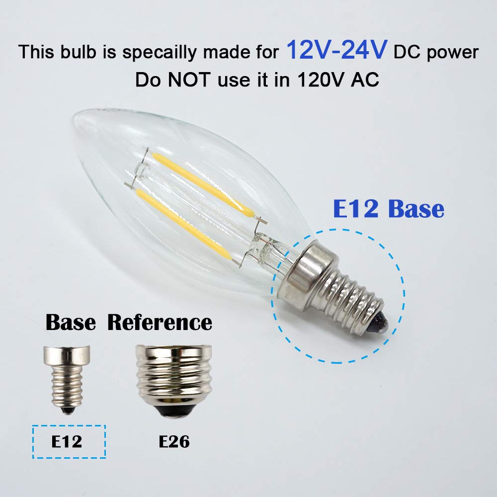 Opalray 12V Led Candle Bulb, 2W 200Lm, Dimmable, E12 Base, Natural