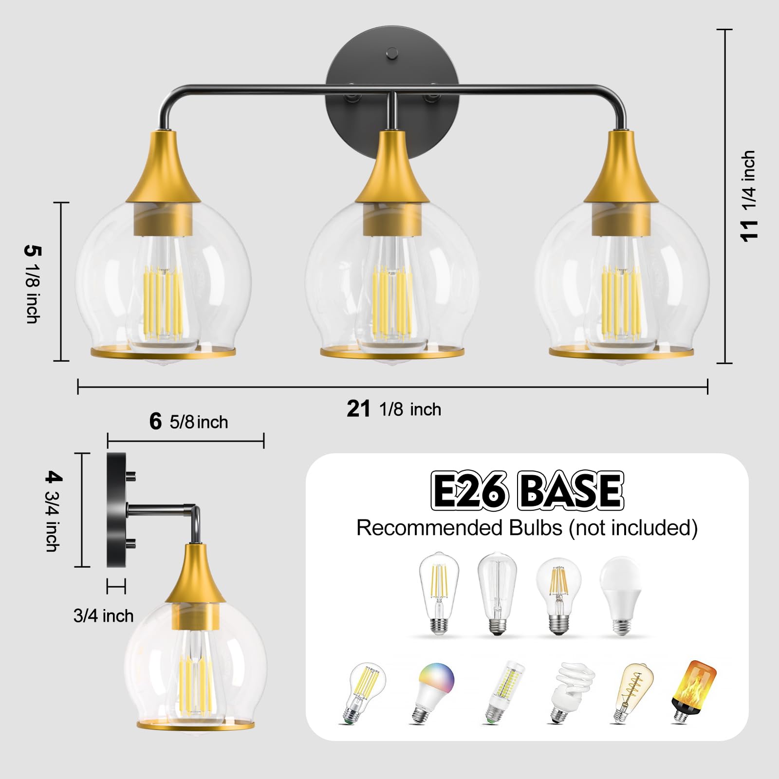 Lightania Bathroom Light Fixtures, 3-Light Vanity Lights With Clear Globe Glass Shade, Modern Black And Gold Bathroom Vanity Lig