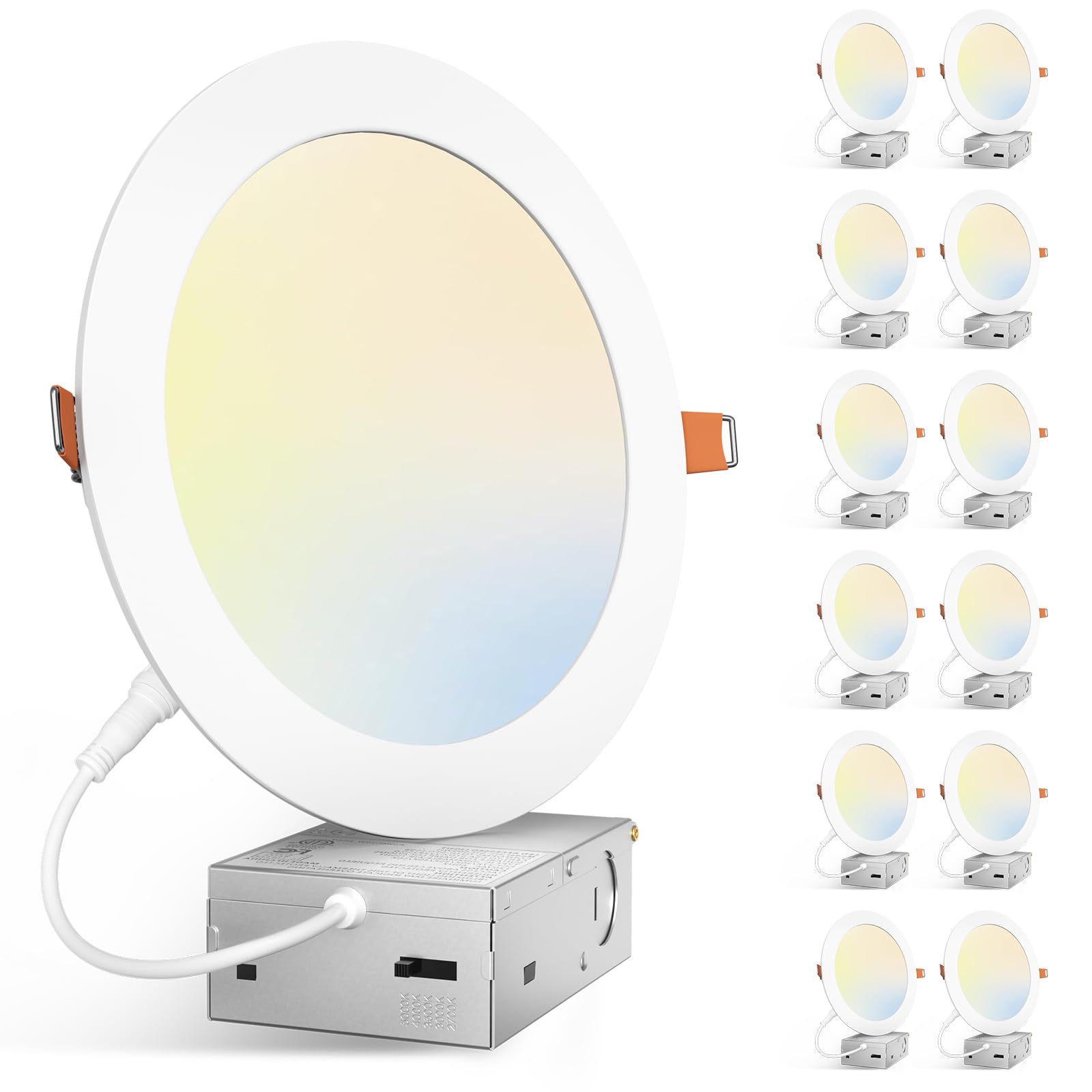 Amico 12 Pack 7 Inch 5Cct Ultra-Thin Led Canless Recessed Ceiling Light With Junction Box, 2700K/3000K/3500K/4000K/5000K Selectable, 15W=100W, 1300Lm High Brightness, Dimmable Wafer Downlight, Etl&Fcc