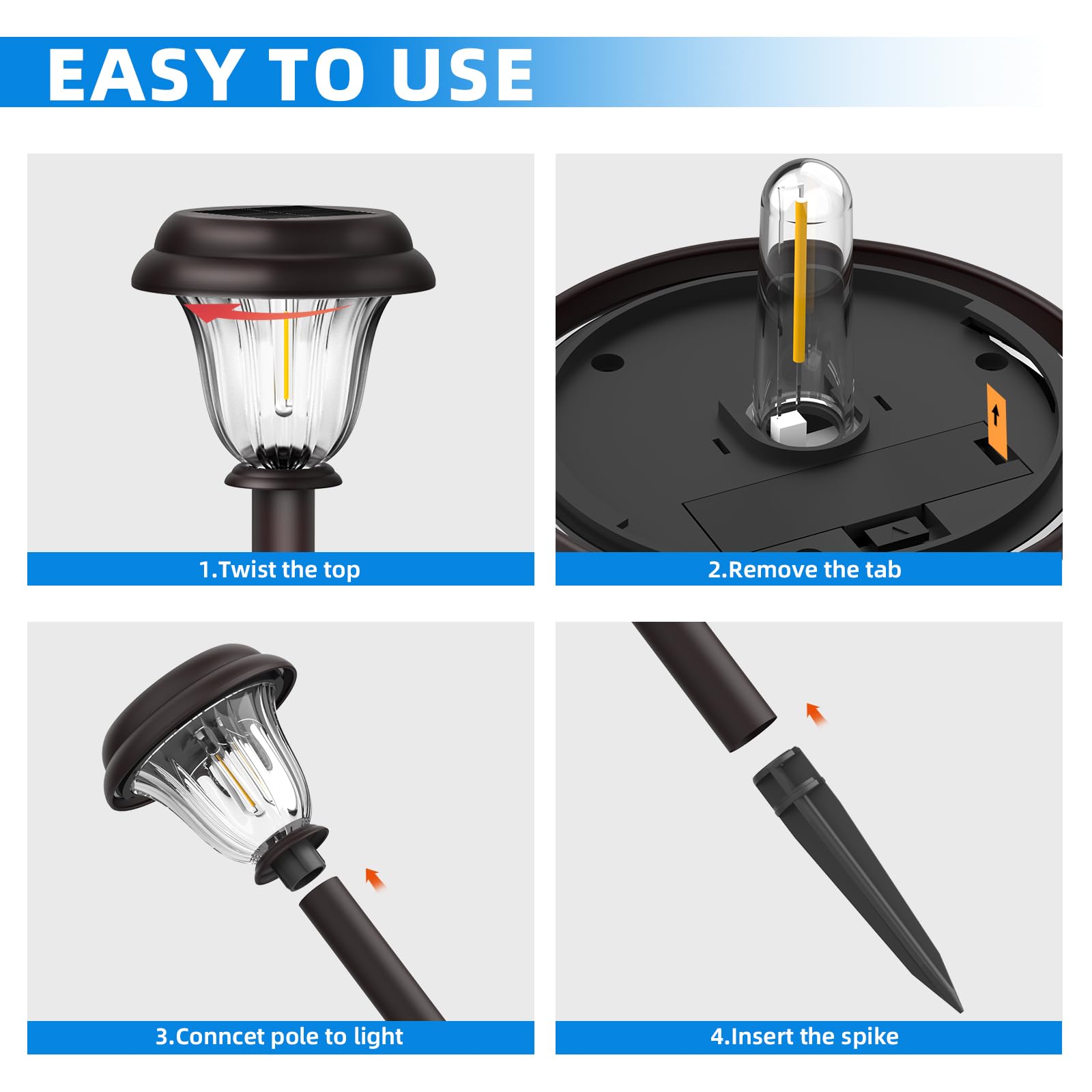 DERAYSION 8 Pack Solar Pathway Lights, Stainless Steel, Waterproof, Warm White, Model A115Z, Brownish-Black