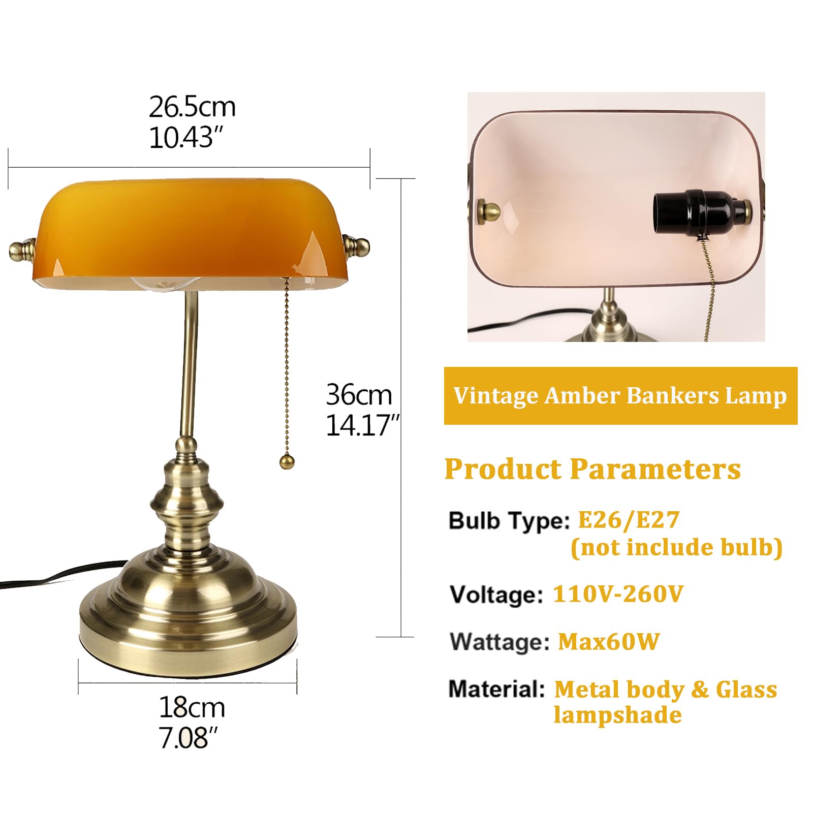 FIRVRE Bankers Desk Lamp - Amber Glass Shade, Bronze Base, Vintage Style, Model Y01 for Home Office & Study Room