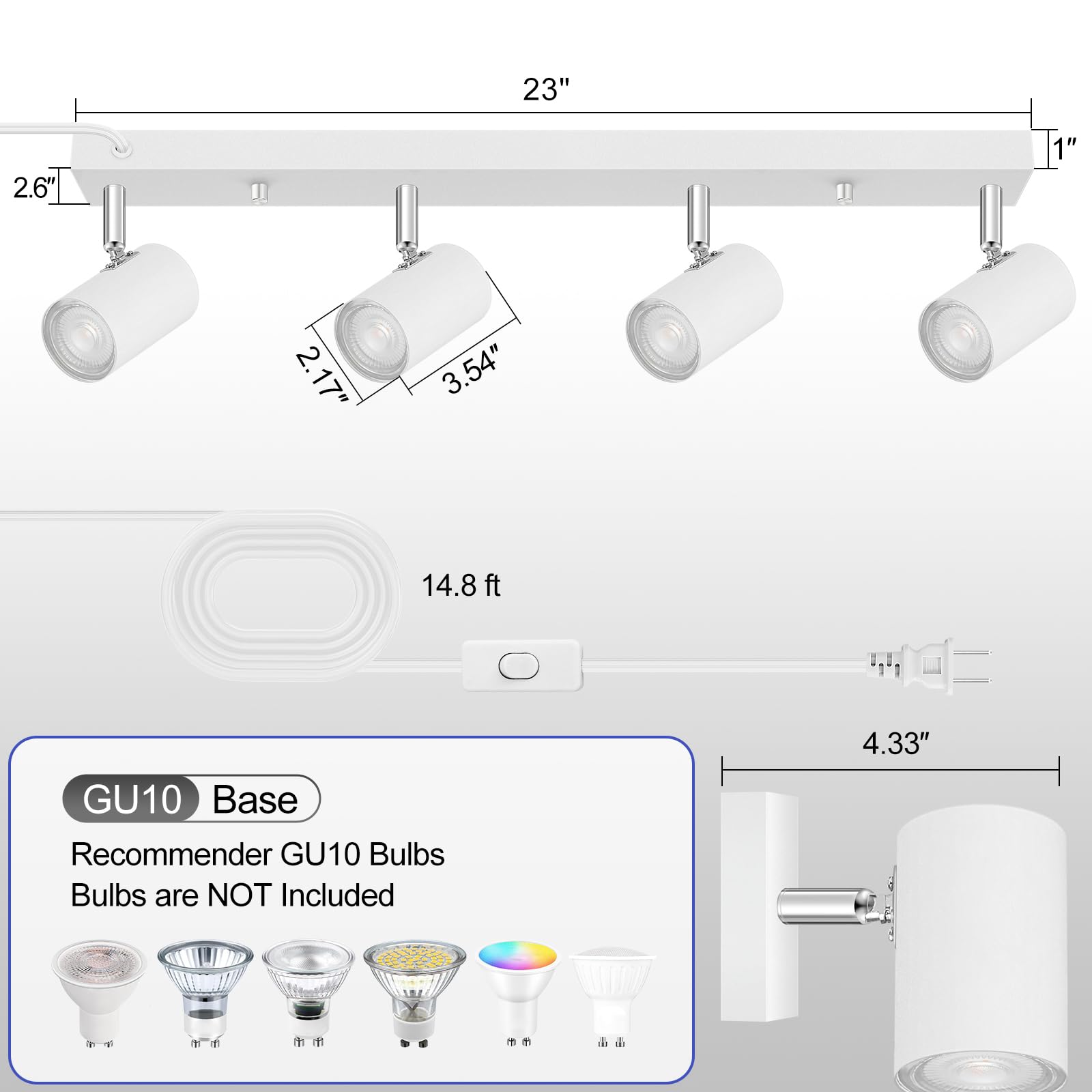 Boostarea Led Track Lighting Ceiling Fixtures, White 4-Light Plug In Track Lights For Kitchen, 4 Way Ceiling Spotlight, 15 Ft Co