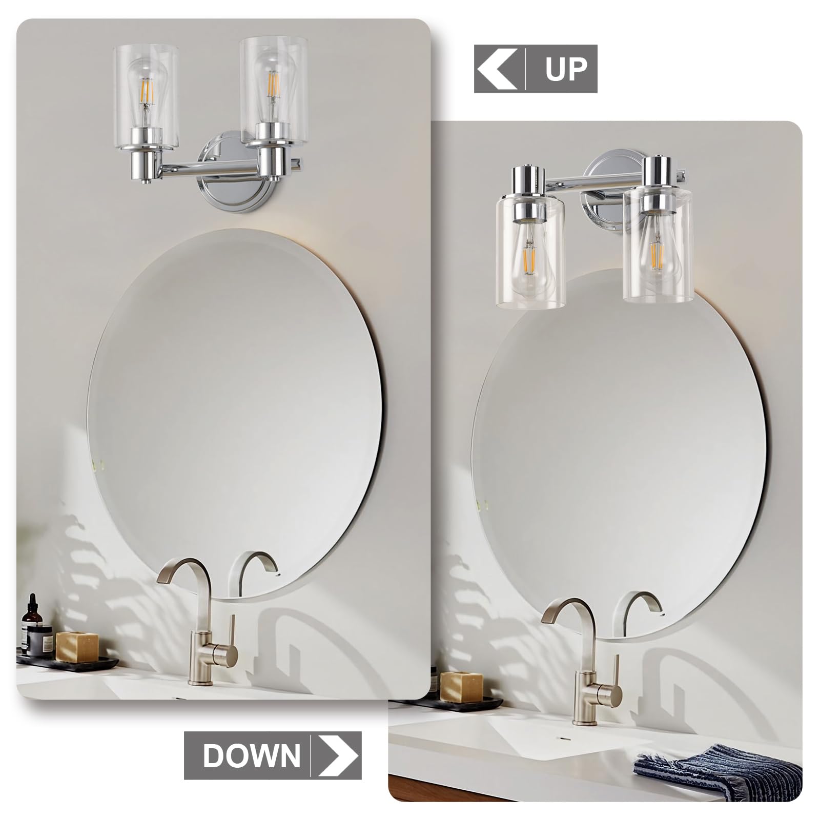 Alaislyc Chrome 2-Light Bathroom Wall Sconce With Clear Glass For Vanity & Mirror