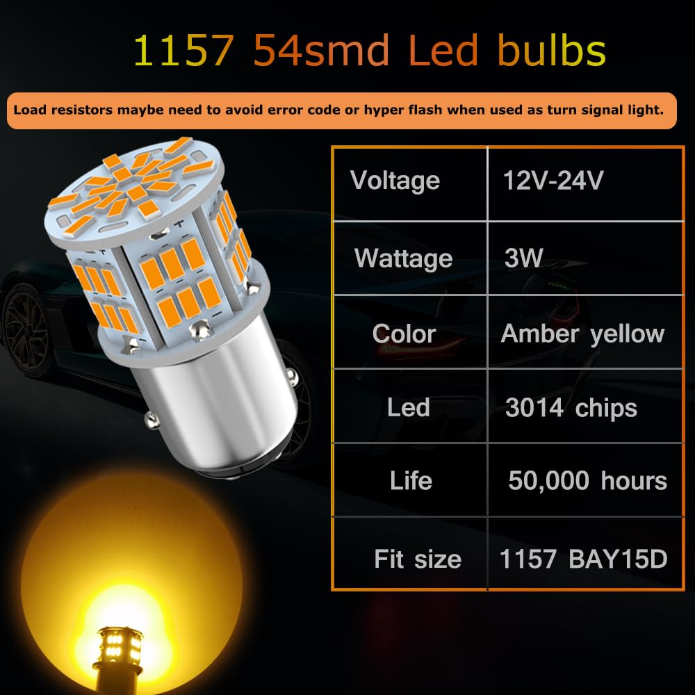 Melphan-Auto 1157 LED Brake Light Bulbs, Amber Yellow, 12V-24V, 4PCS, 54SMD 3014 Chipset, BAY15D Replacement