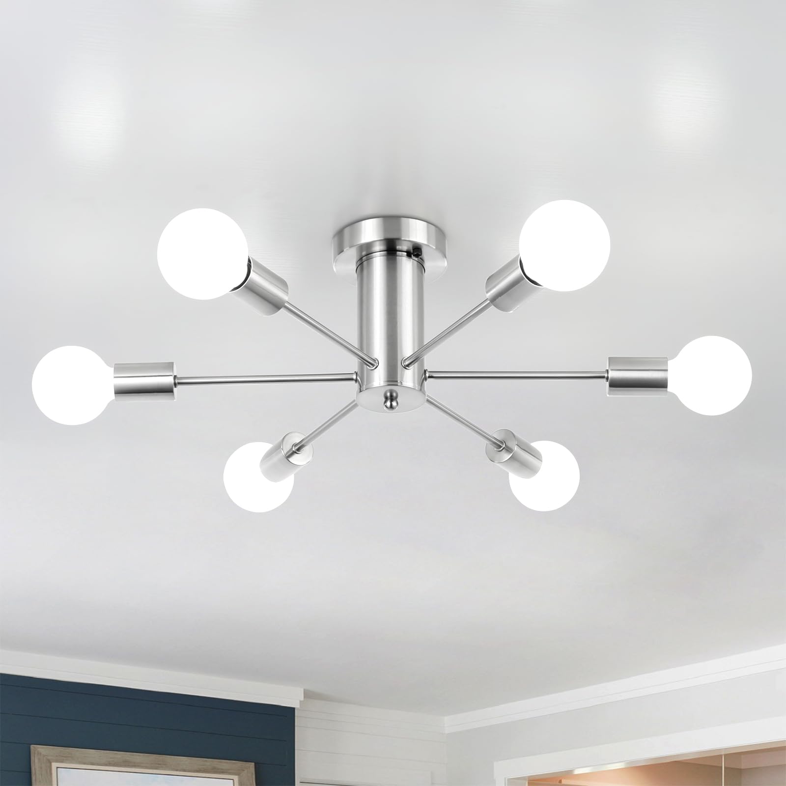 Mrhyswd Semi Flush Mount Ceiling Light Fixture 6 Light Brushed Nickel Sputnik Chandeliers For Dining Room Light Fixture Mid Century Modern Ceiling Lamp For Living Room Bedroom Hallway Kitchen Light