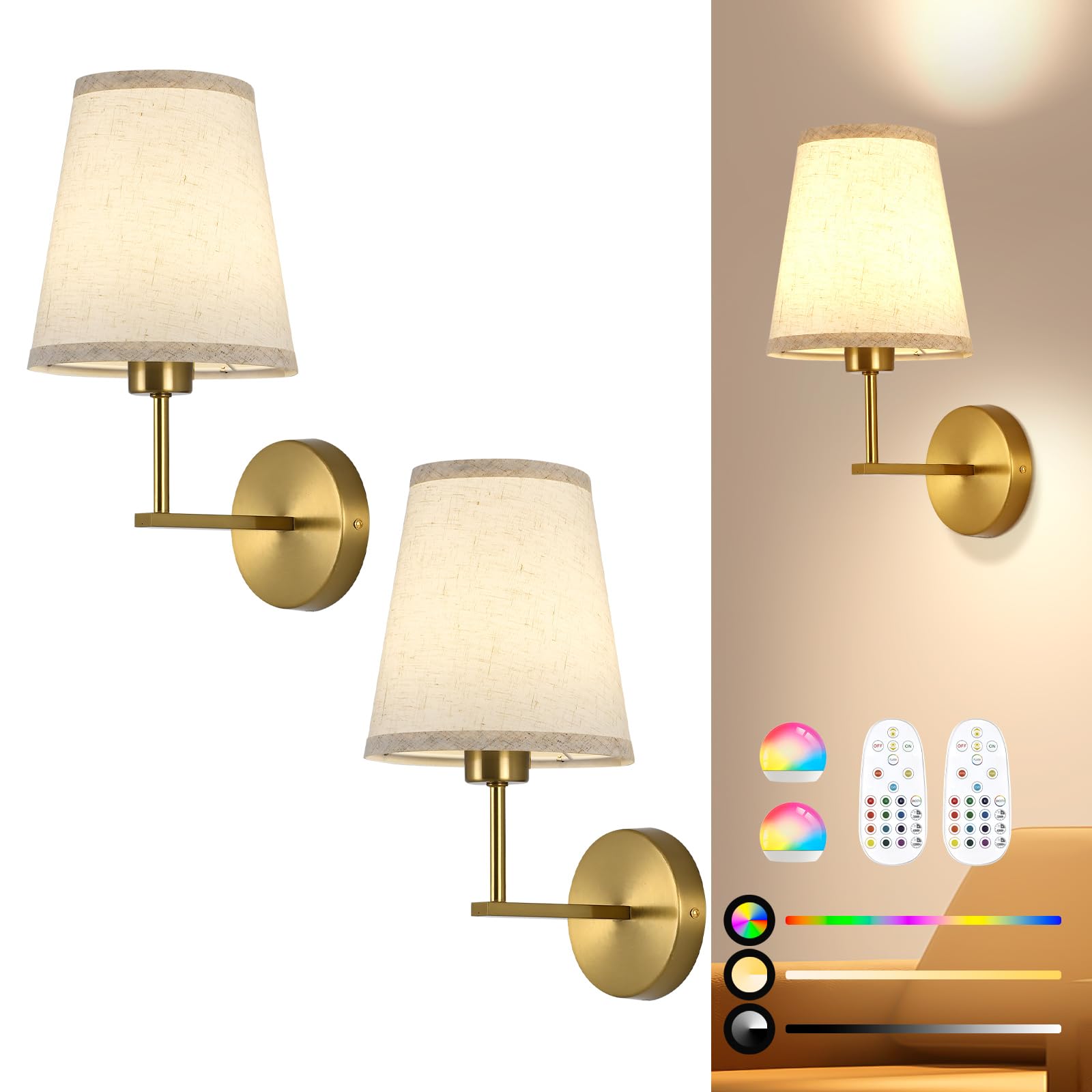 NOVCAND Battery Wall Sconces Set of 2, Dimmable Rechargeable with RGB Bulb, Metal, Gold, Model TC20160816