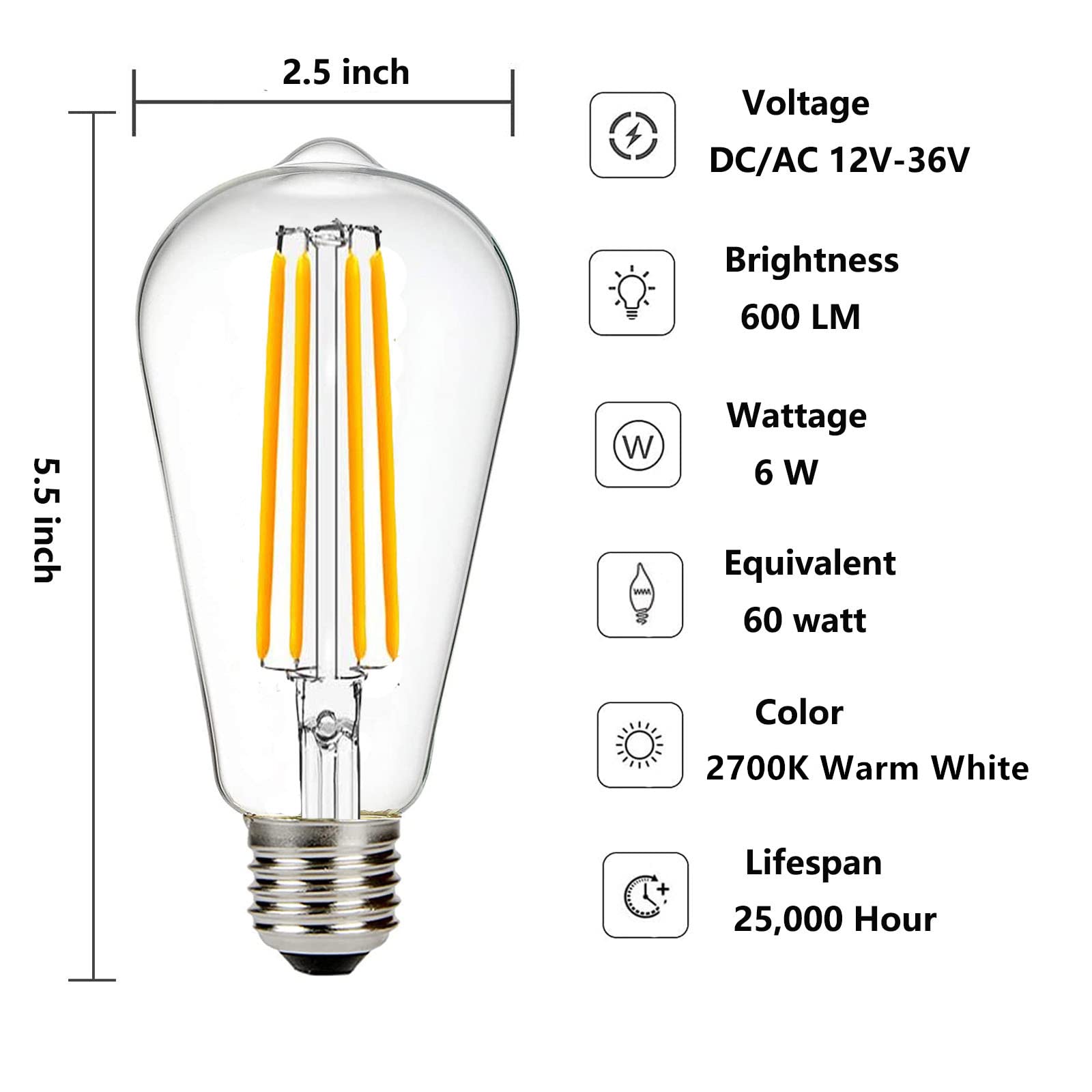 12V Edison Bulb 60 Watt Equivalent E26 Medium Base 12V Led Light Bulb, Ac/Dc 12V-36V 6W Warm White 2700K Vintage Low Voltage Bul