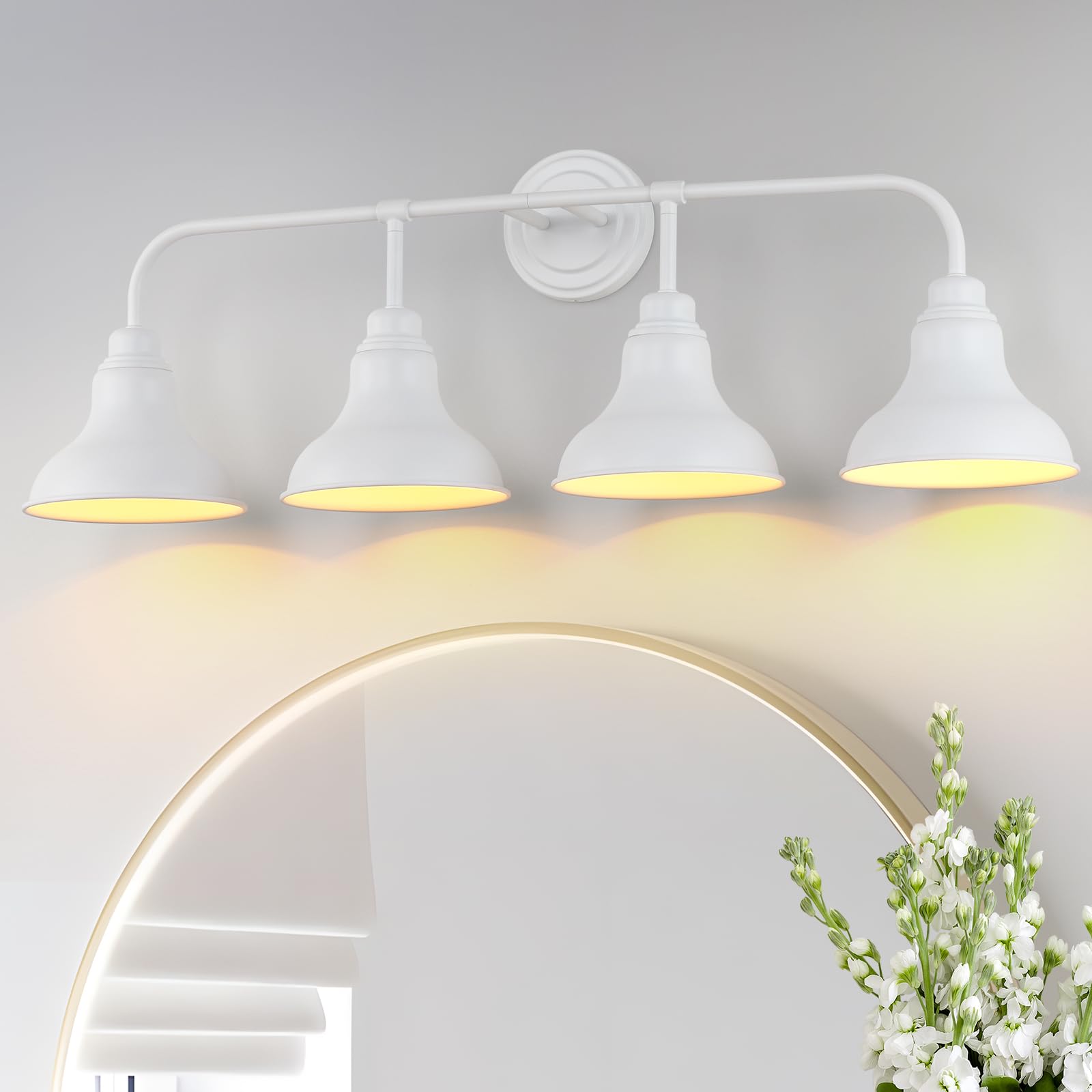 pasentel 34in Farmhouse Bathroom Vanity Light, 4-Light, White Iron, Model BD017-4-WH, Rustic Industrial Sconce for Bathroom