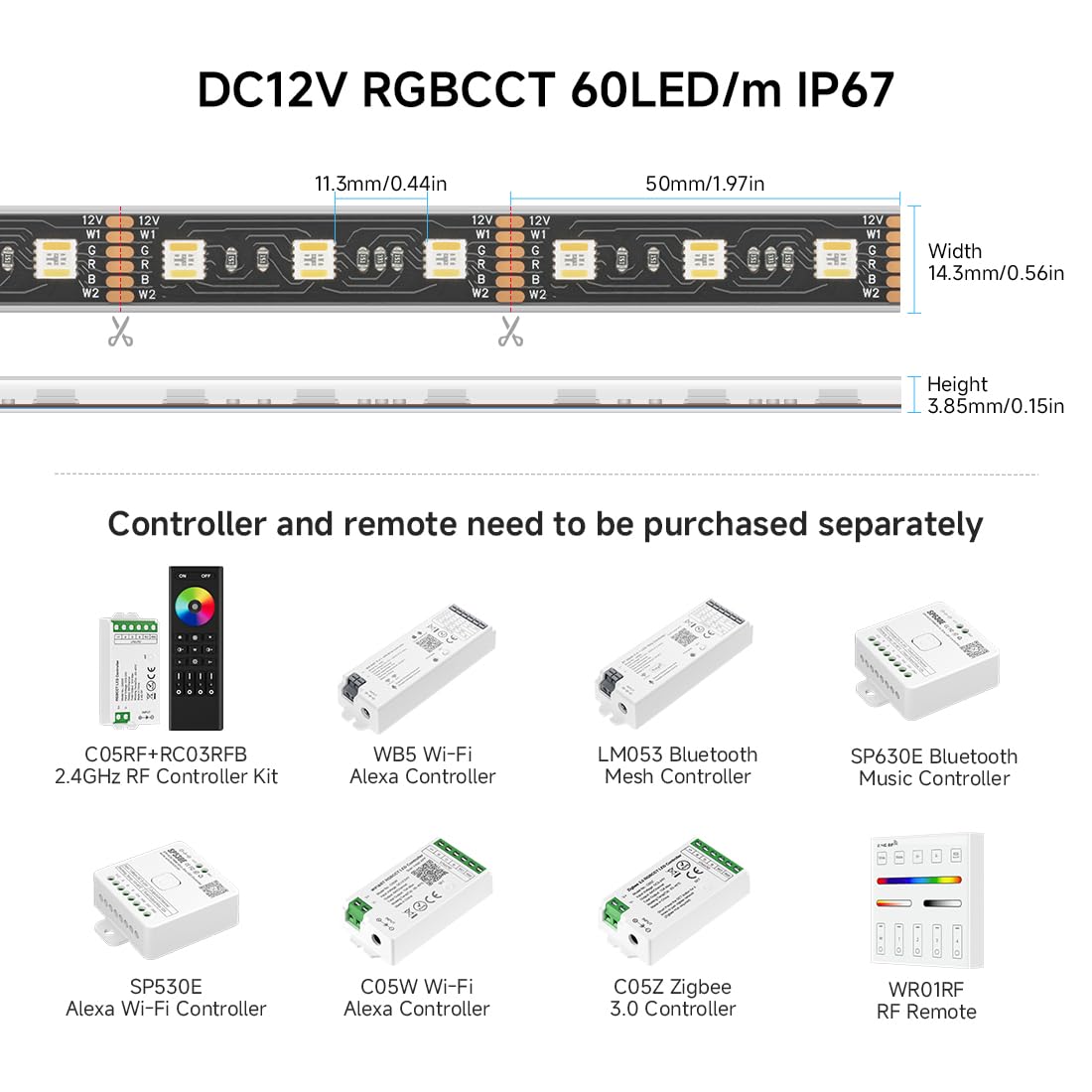 BTF-LIGHTING LED RGBWW Strip Light, 5 Colors in 1, 60 LEDs/m, IP67, 16.4ft, DC12V, Black PCB, Model HD