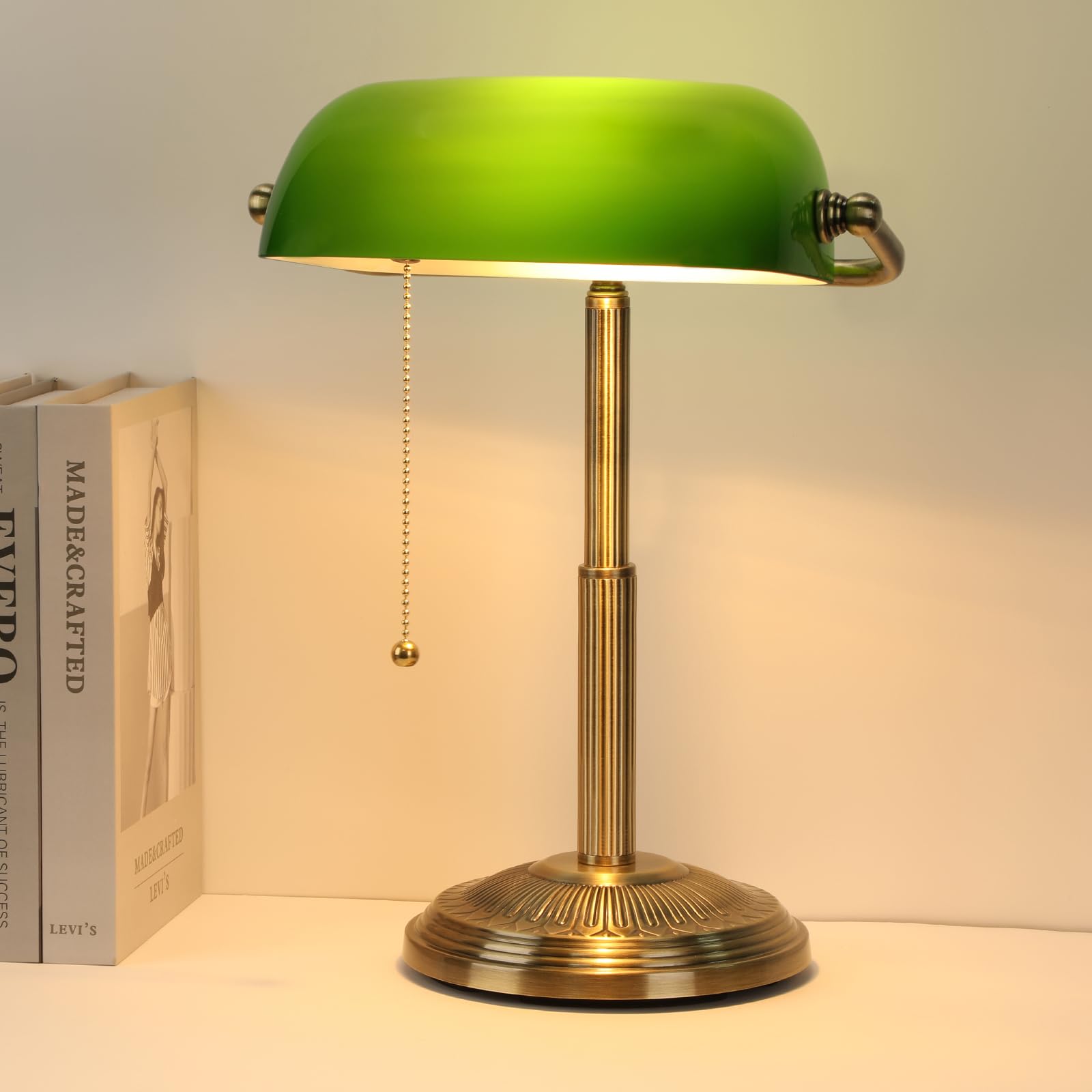 Linnmon Bankers Desk Lamp, Green Retro Lamp, Vintage Lamp With Pull Chain Switch For Home Office, Led Bulb Included (Brass+Green