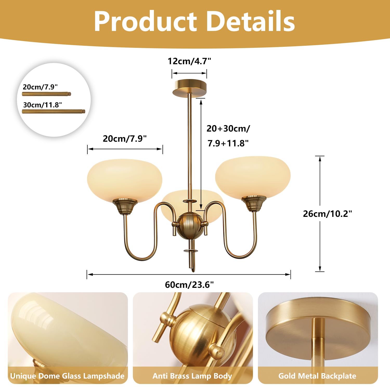 BOKT Modern Gold Globe Chandelier - Mid Century 3-Light Pendant Light, Anti Brass Finish, Model BP1108-3