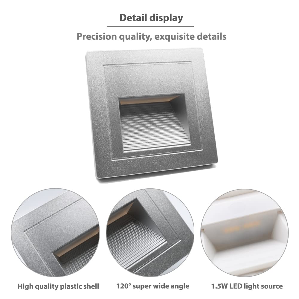 Arotelicht 4Pcs LED Step Light, Warm White 3000K, Recessed Wall Light, ABS Plastic, Silver, Model RWPS12-4