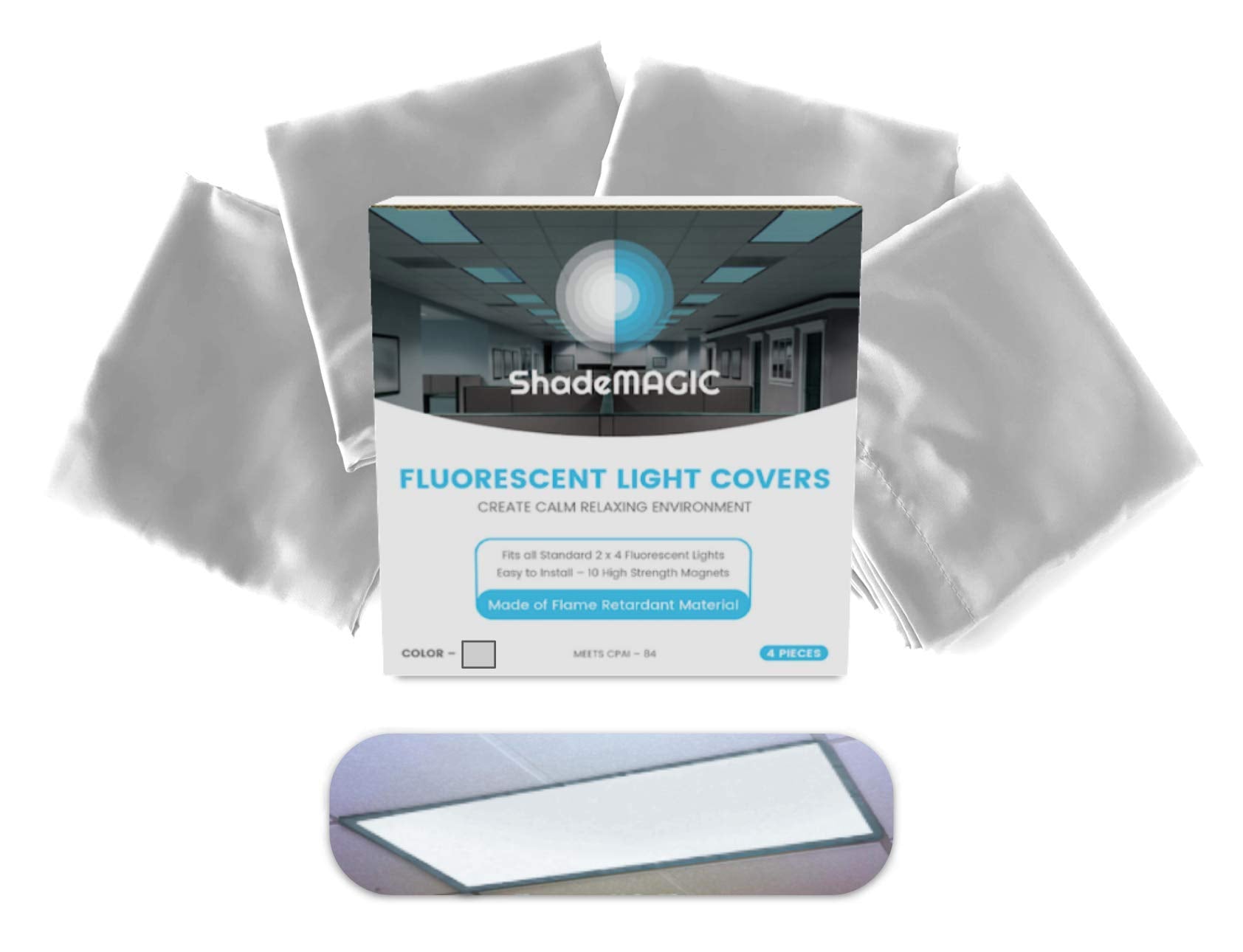 Shademagic Fluorescent Light Covers For Classroom Or Office - Light Filter Pack Of (4); Eliminate Harsh Glare That Causing Eyestrain And Head Strain. Office Classroom Decorations Light Diffusers Gray