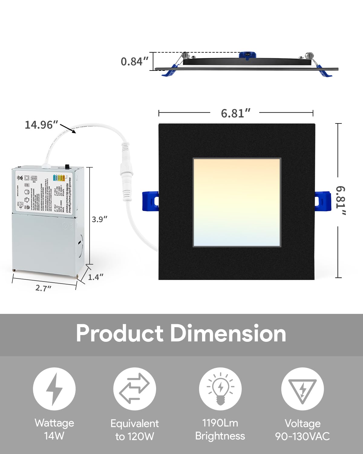 Adetu 6 Inch Square Led Recessed Lighting Black,5Cct Ultra Thin Square Led Ceiling Light With Junction Box,14W 1190Lm,2700K/3000