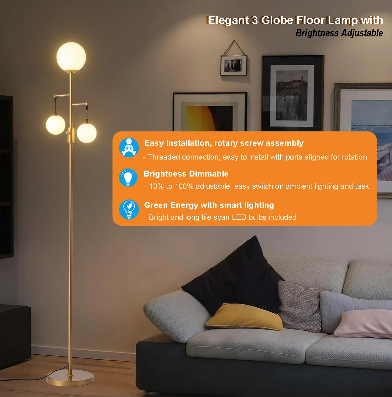 Fiqevs Dimmable Mid Century Modern Floor Lamp, Globe Gold Standing Lamp With Frosted Glass Shade & Led Bulbs, Adjustable Brightn