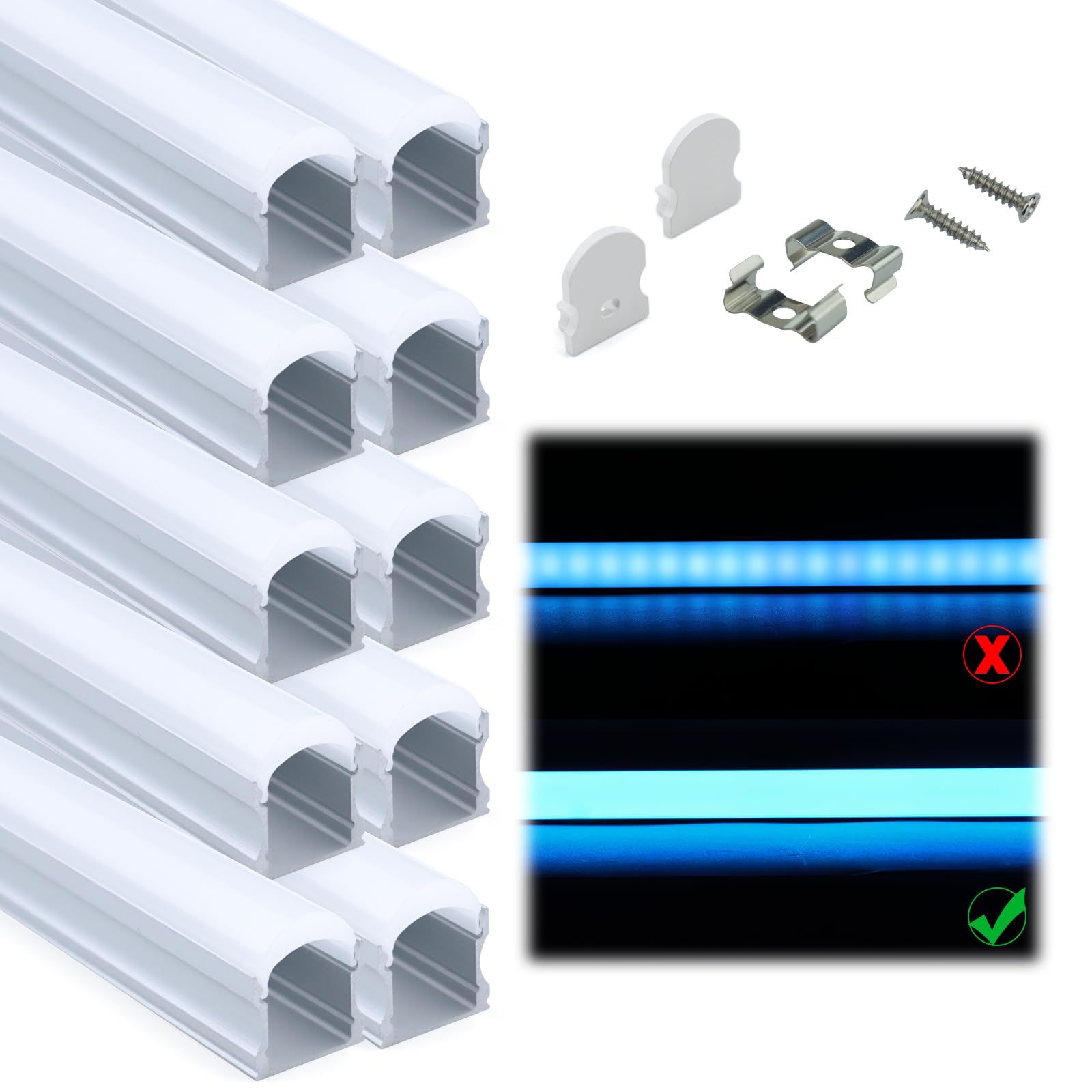 Muzata 10Pack 6.6FT/2M Excellent Spotless LED Channel with Thicker Milky White Cover No Hot Spots Sliver Deeper LED Strip Diffus