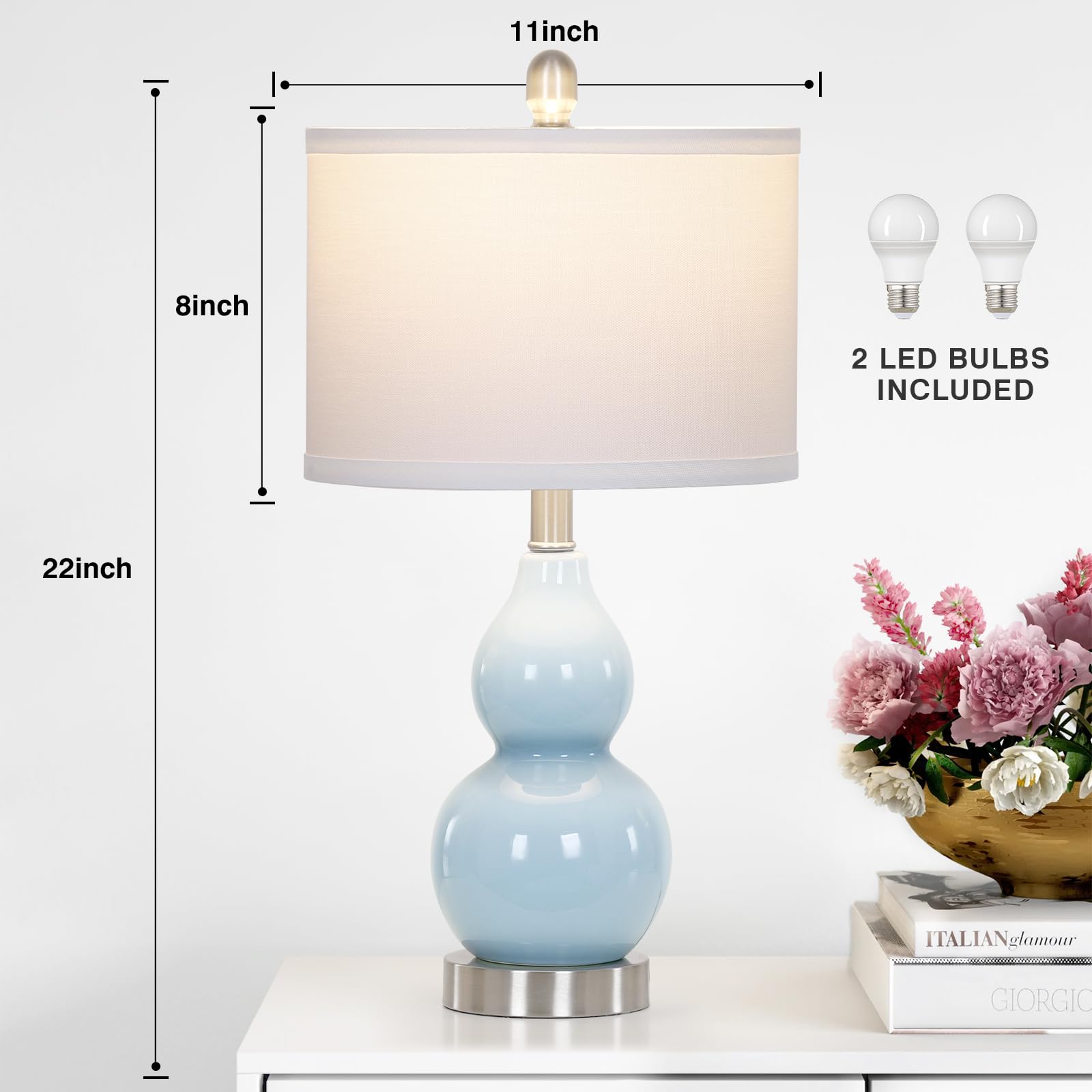 Rinweey Double Gourd Ceramic Table Lamps Set Of 2, Modern Blue Bedside Lamps For Night Stand, Contemporary Nightstand Lamps For