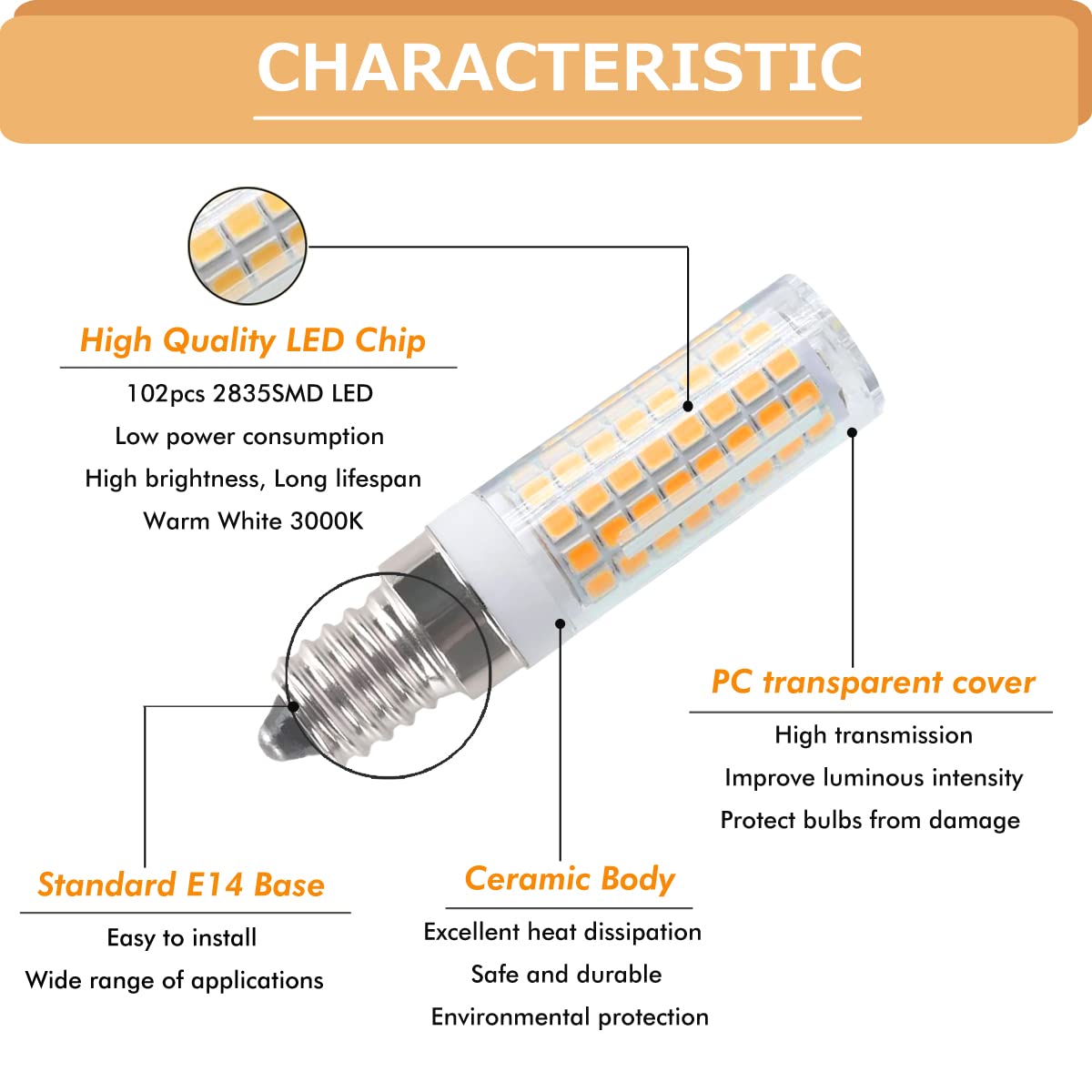 HXWY E14 LED Bulb 7W Dimmable Warm White 3000K, 2 Pack, Ceramic for Cooker Hood