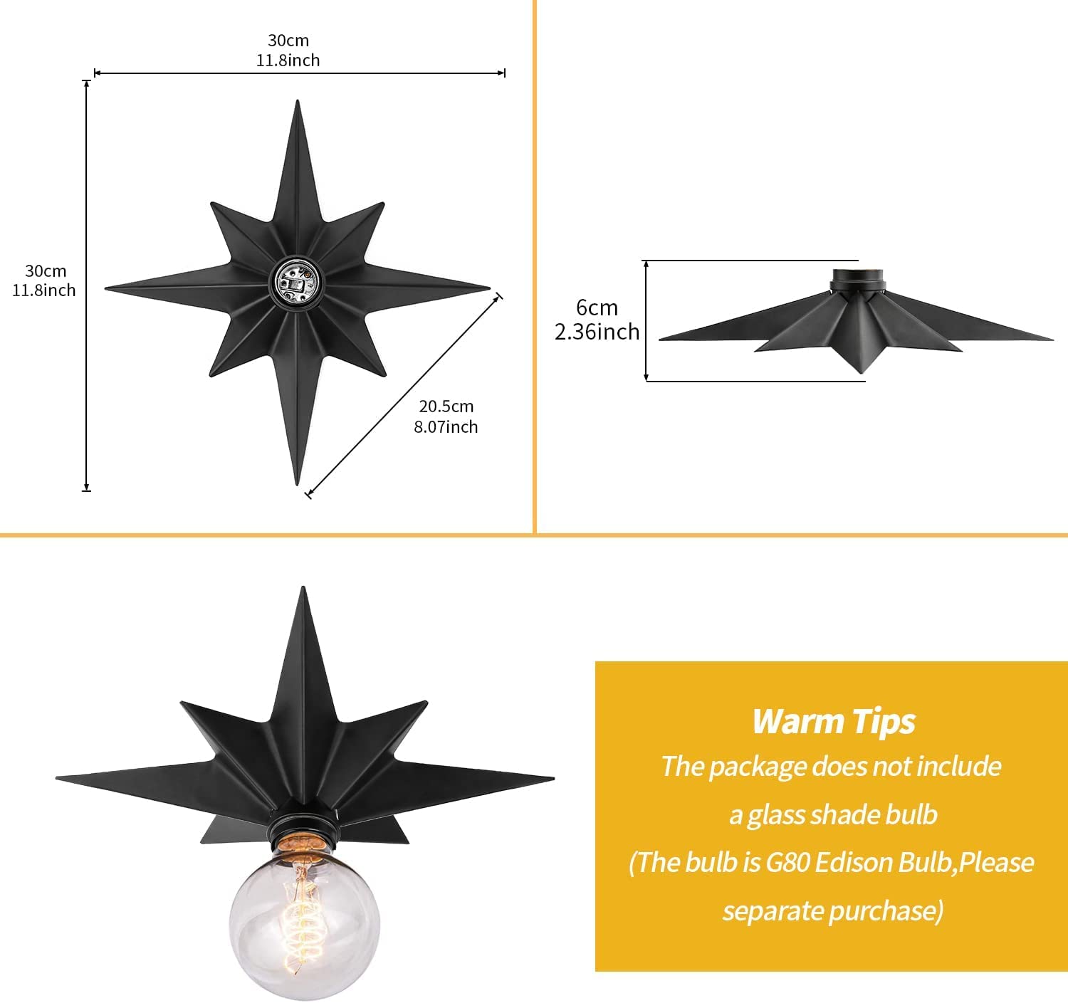 FRIDEKO HOME Flush Mount Ceiling Light - 2 Pack Black Metal Star Fixtures - Modern Design for Kitchen, Hallway, Bathroom