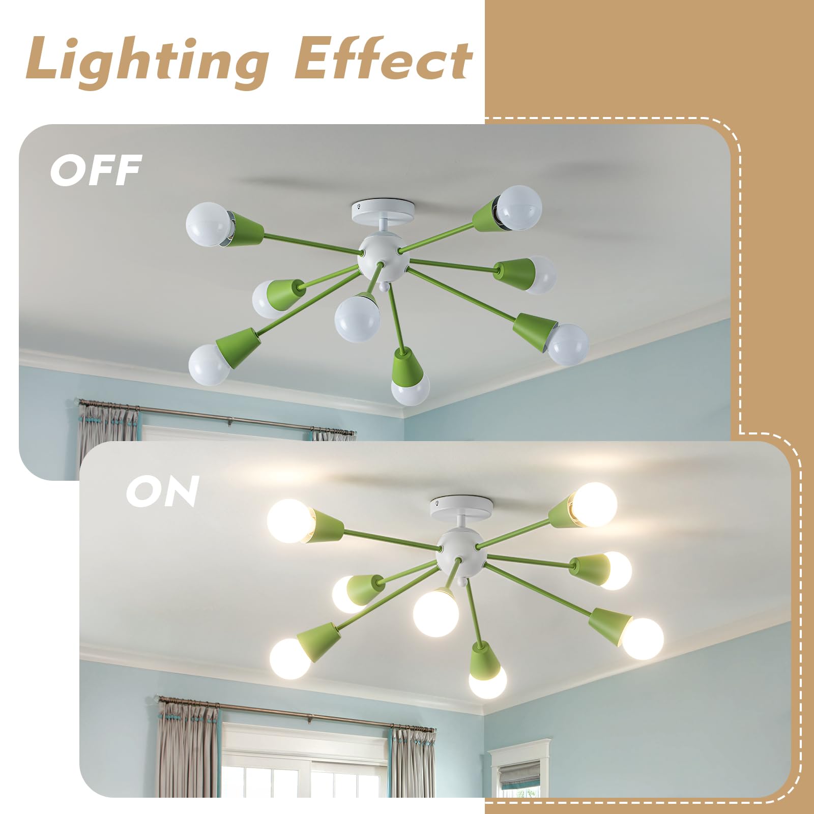 Ymlii Green Sputnik Ceiling Light Fixture, 8-Lights Modern Sputnik Chandeliers For Dining Room,Indoor Kitchen Island Lighting Fo