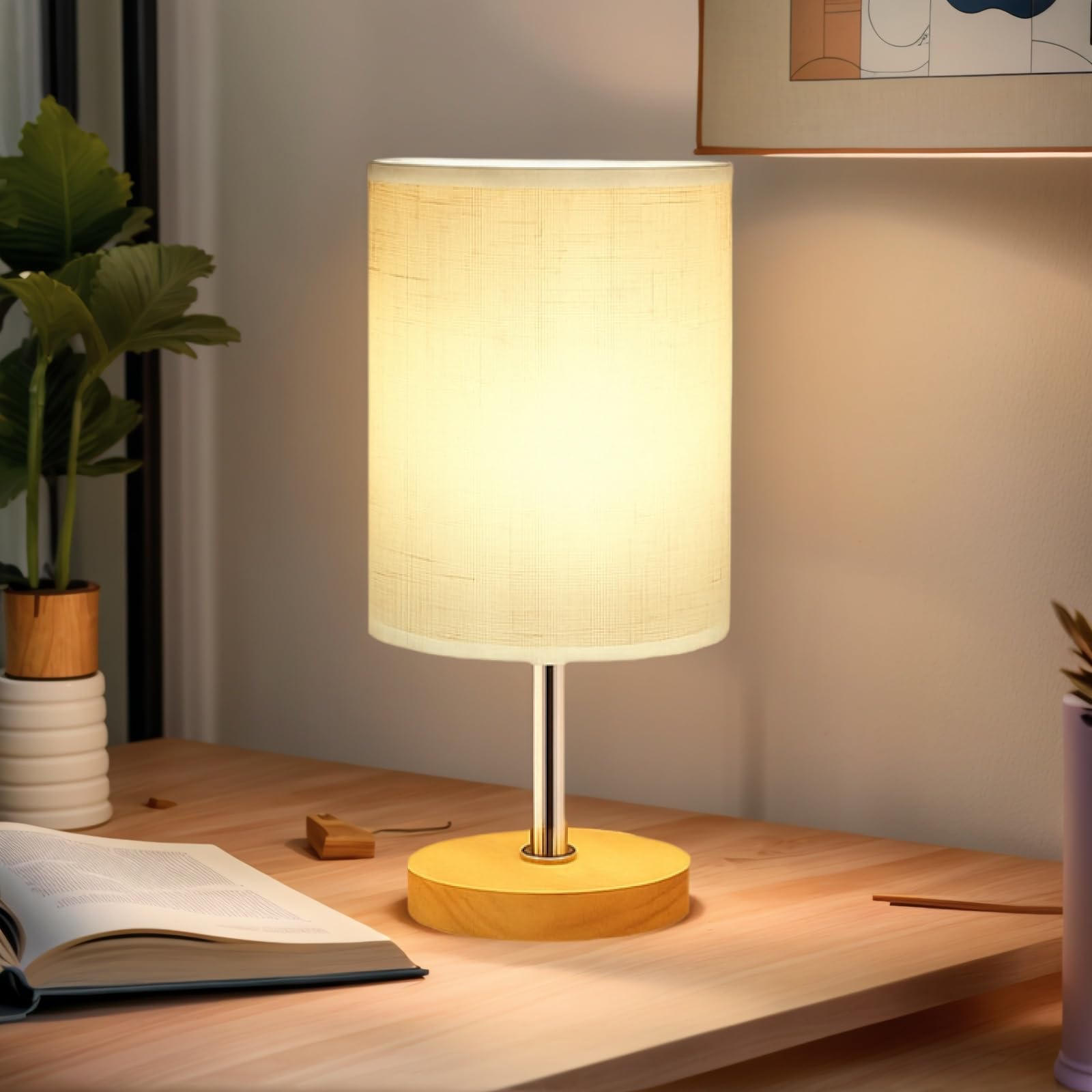 TFSWUFI Bedside Night Table Lamp for Bedroom, Small Nightstand Lamp with 3000K E27/E26 LED Blub, Study Reading Wood Base Desk La