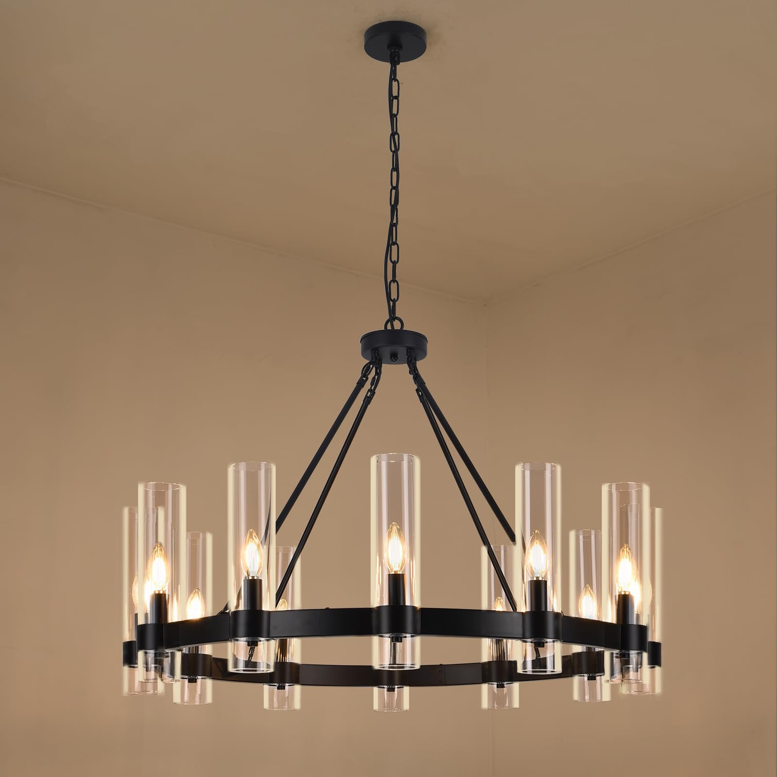 QLXTeltd 36 Inch Black Wagon Wheel Chandelier with Glass Shade, 12-Lights Farmhouse High Ceiling Chandeliers, Large Round Modern